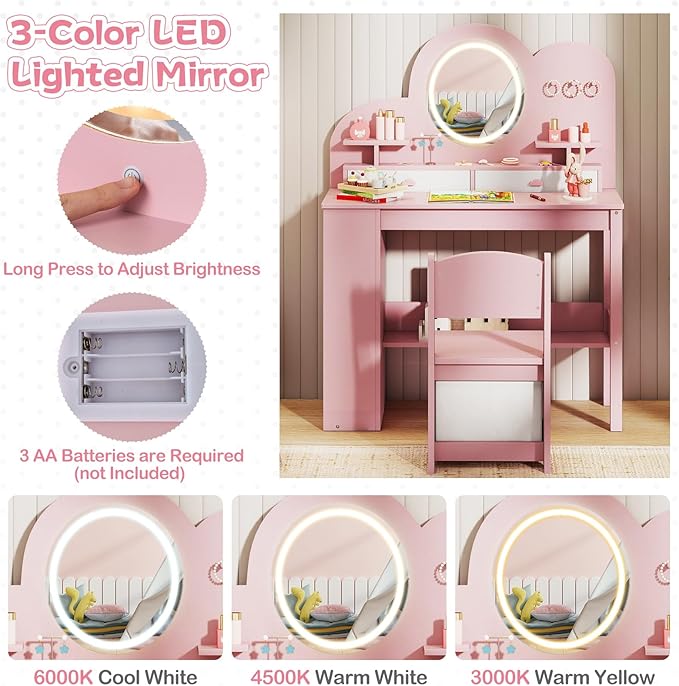 HONEY JOY Kids Vanity with Lights and Open Bookshelf, Cloud Princess Makeup Dressing Desk, Drawers, Wooden Pretend Play Toddler Vanity Table & Chair Set with Lighted Mirror for Little Girls (Pink)