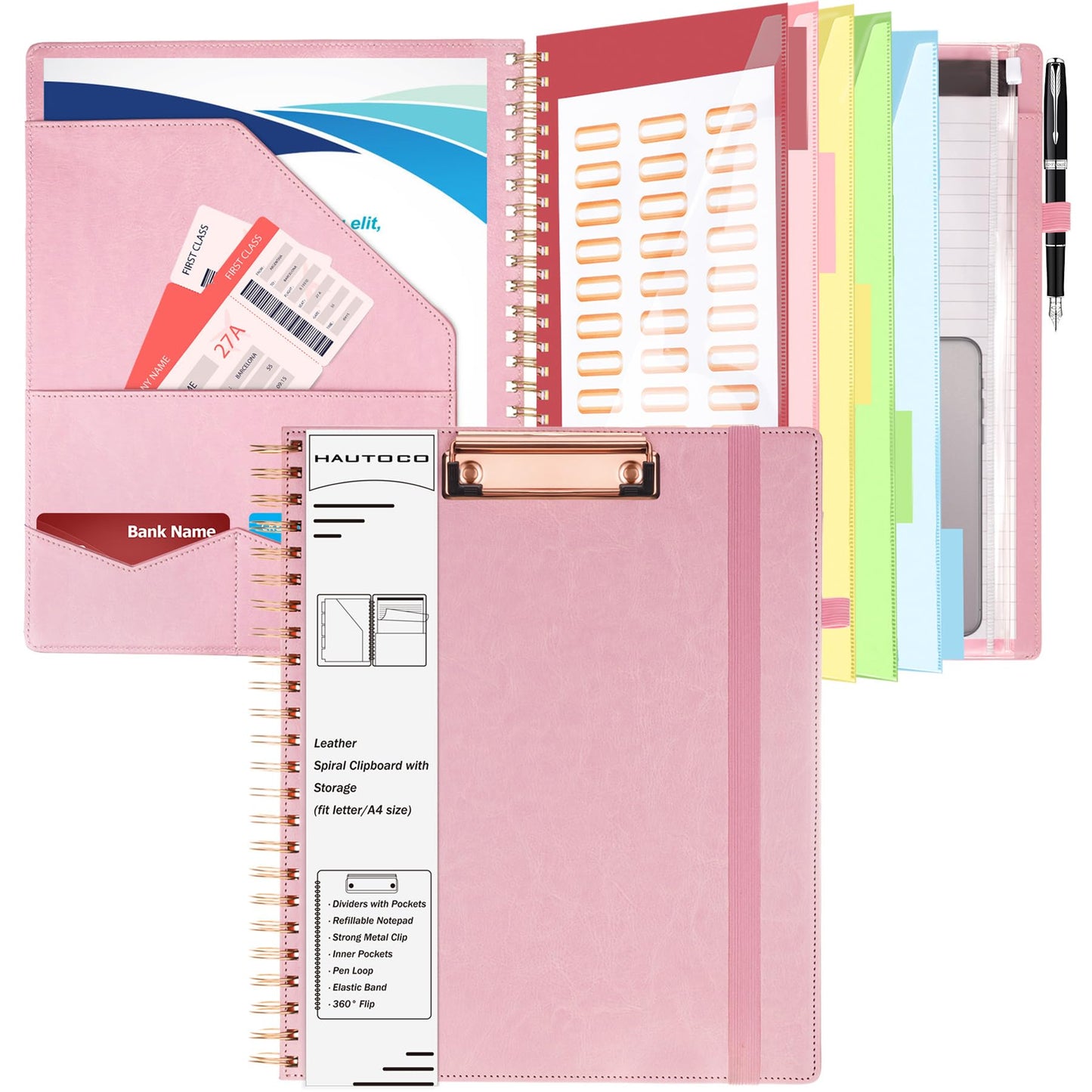 HAUTOCO Spiral Leather Clipboard Folio with Notepad (8.5 x 11''), 5 Folders with 10 Pockets, Storage Zipper Pouch, Pen Loop, 39 Stickers, Padfolio Organizer for Work School, Pink