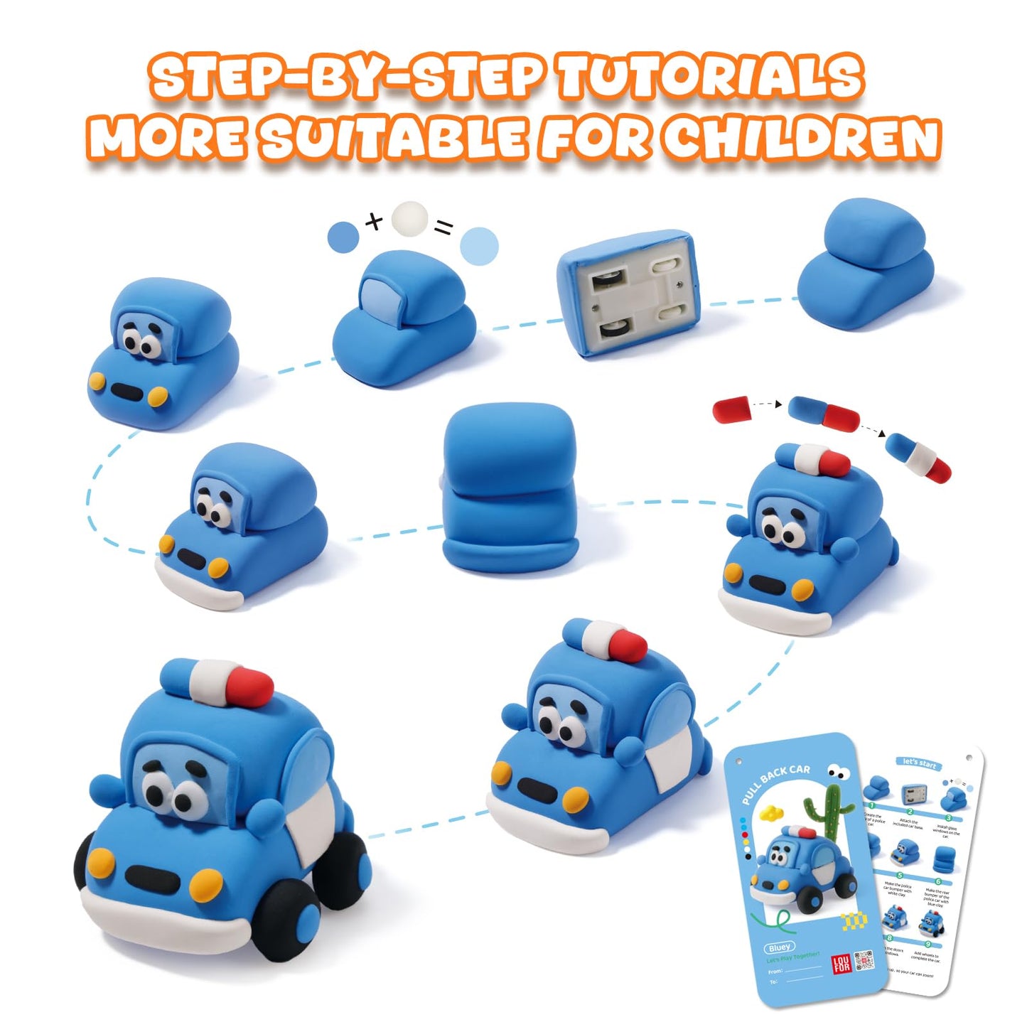 Air Dry Clay Kit for Kids - Pull Back Car Making, 3 Boxes Modeling Clay with Sculpting Tools, Base, Backing Board, Tutorial, Ultra Light & Soft, Non-Toxic & Safe, Creative DIY Arts and Crafts Toys