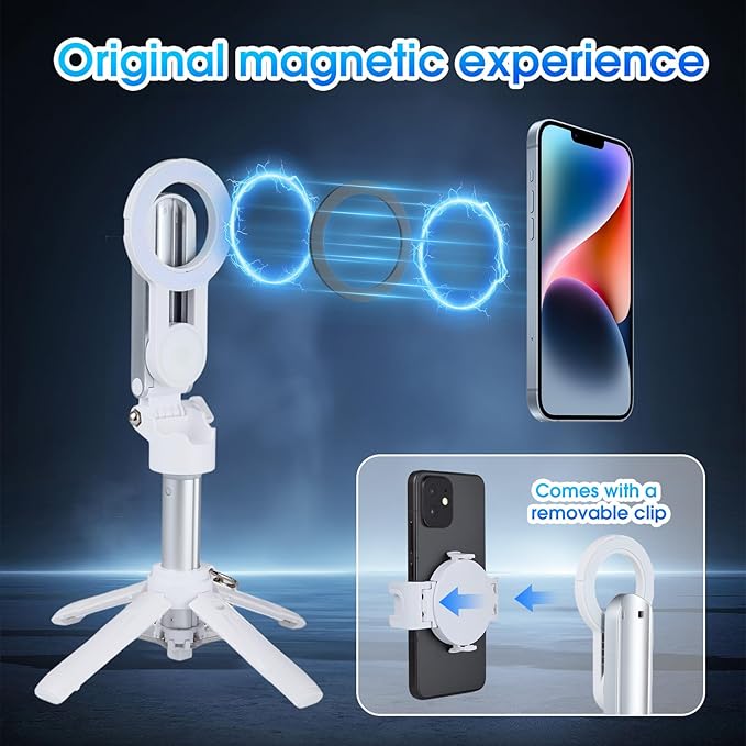 Magnetic Tripod for Phone,2 in 1 for Magsafe Stand＆ Clip Portable Pocket Size Selfie Stick for Android/iPhone,Phone Holder with Wireless Rechargeable Remote Control for Photography, Live Streaming