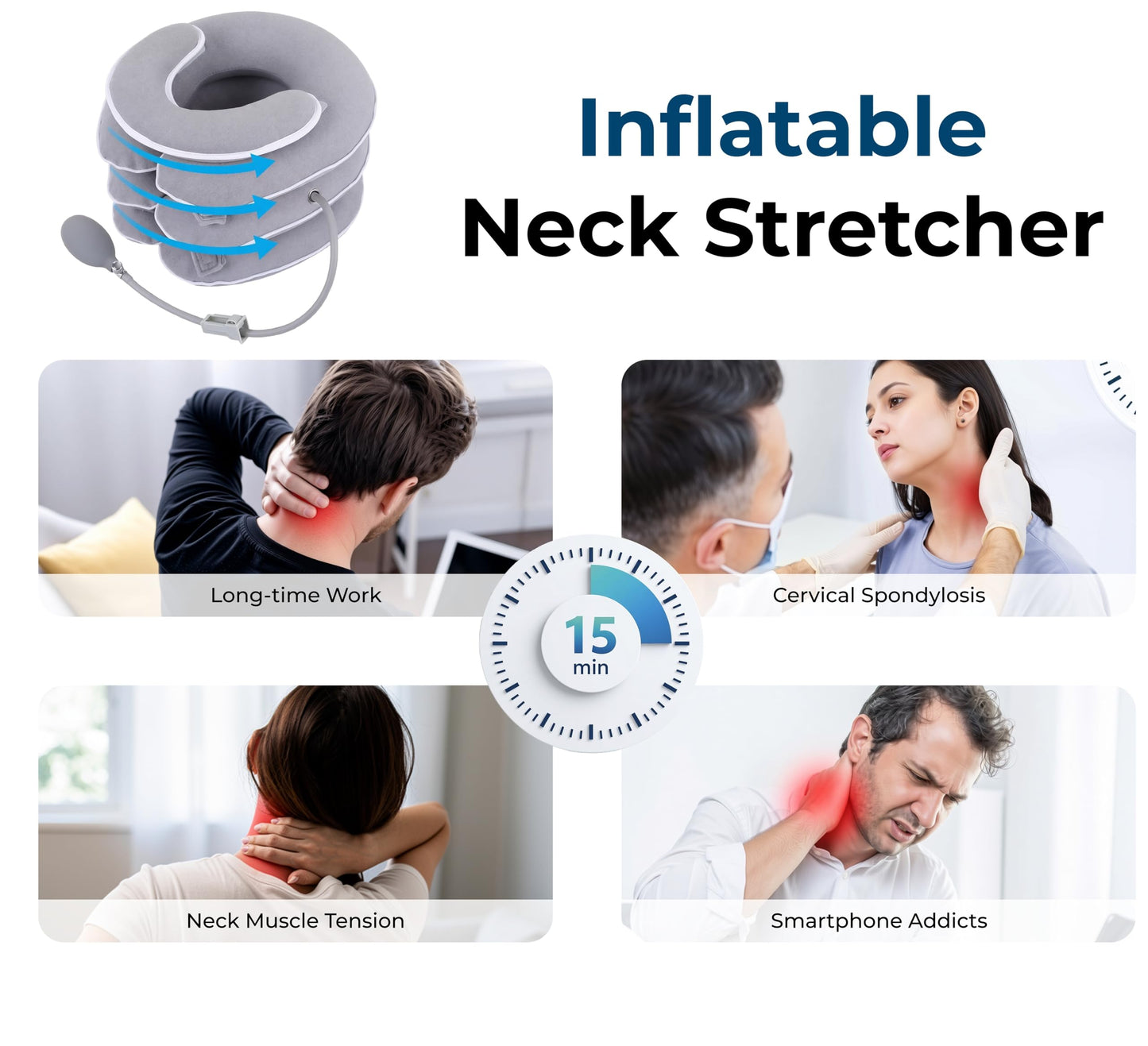Variona FDA Registered Neck Traction Device for Pain Relief – Inflatable Cervical Neck Stretcher for Home Use, Adjustable Support for Neck Stiffness & Posture, Fits 12"–17" Neck Size