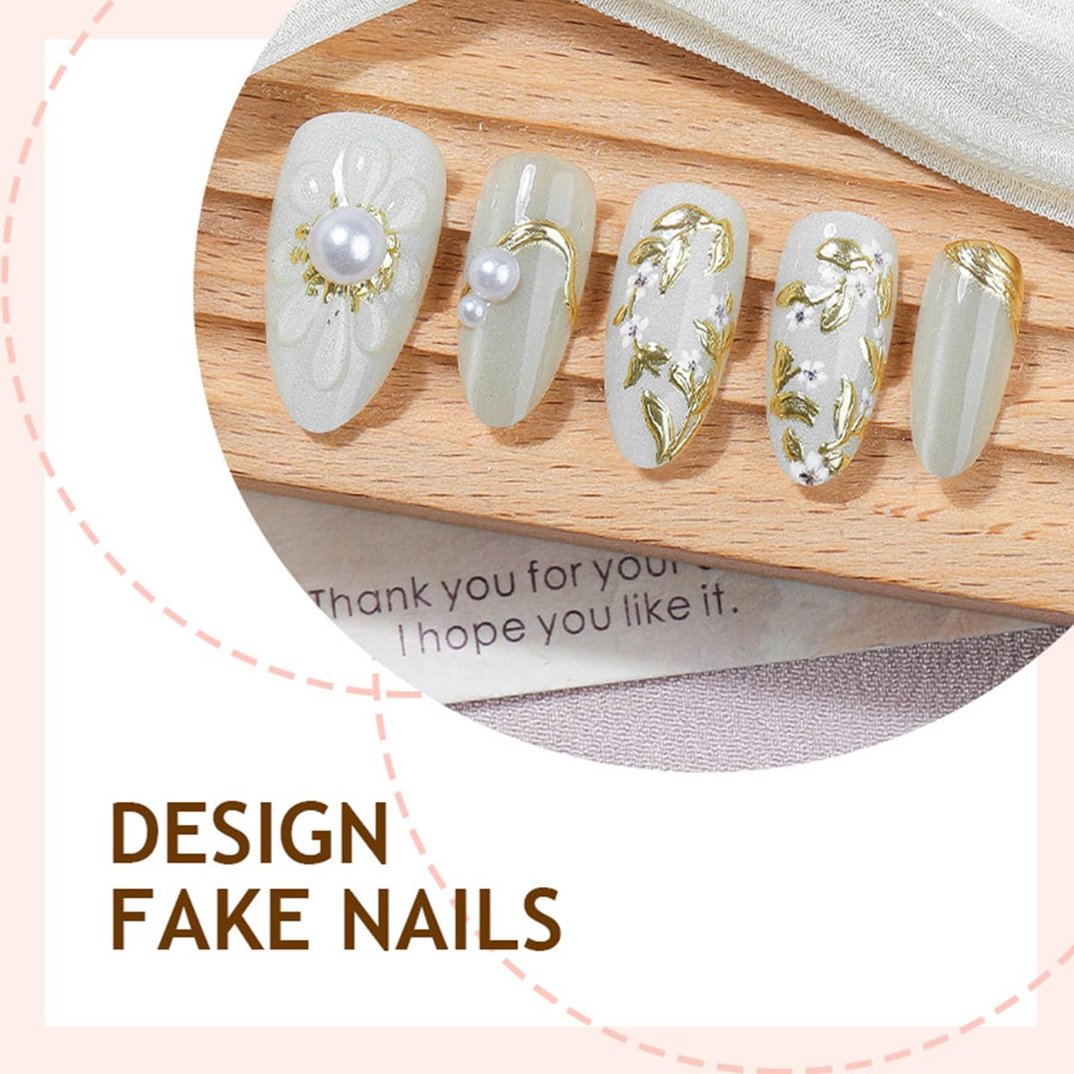 30Pcs Handmade Press on Nails Medium Almond Shape 3D Flower Fake Nails with Chrome Gold Foil Leaves Pearl Designs Nude White Shiny Acrylic Nails Reusable Full Cover Artificial False Nails for Women