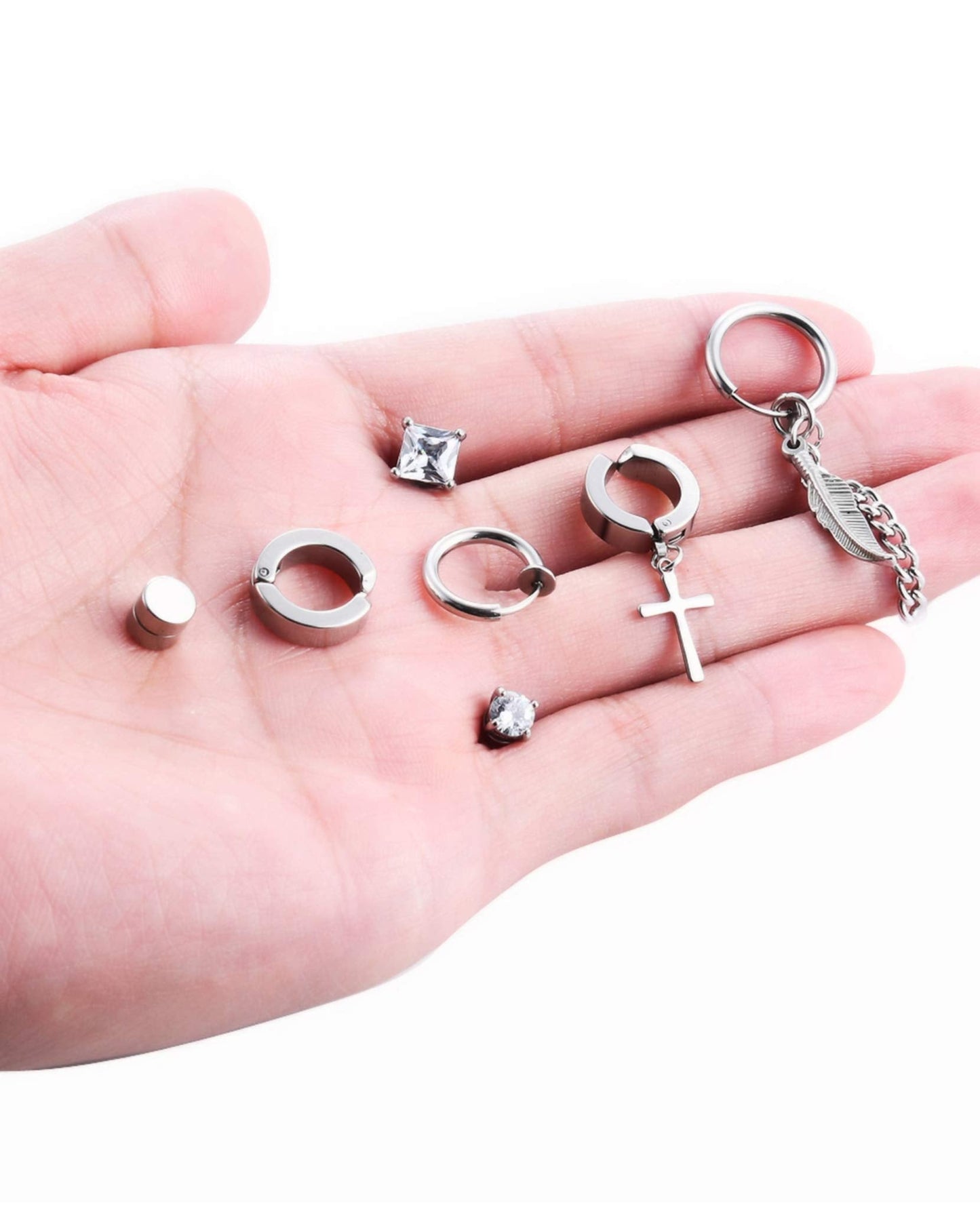 Ofeiyaa 7 Pairs Magnetic Stud Earrings Stainless Steel CZ Clip On Earring Non-Piercing Huggie Hoop Earring Chain Feather Pendant Drop Dangle Earrings Set For Women Men Black Silver Tone