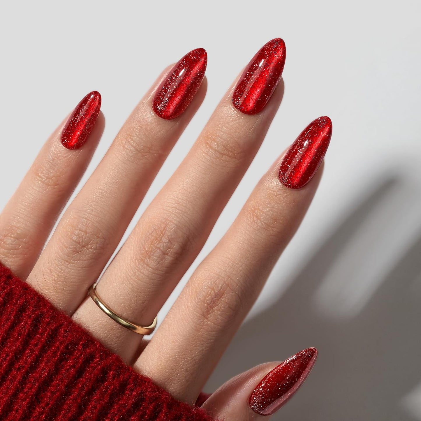 BTArtbox Press On Nails Almond - Deep Red Sparkly Stick on Nails for Christmas, Glossy Fake Nails Medium in 15 Size, Cardinal & Mystic Ruby