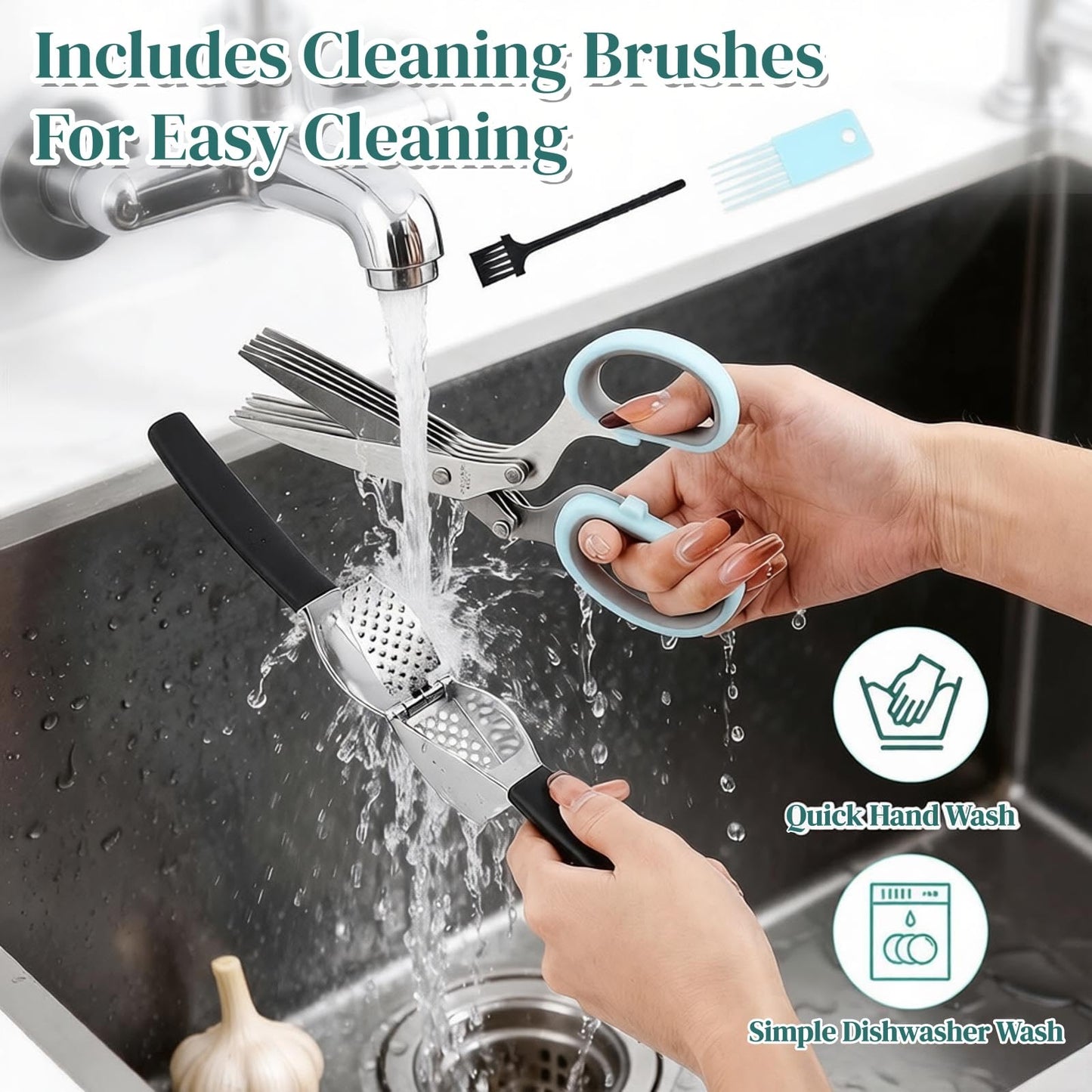 Lainballow Garlic Press & Herb Scissors Set, 6 Pcs Kitchen Gadgets With Garlic Mincer & Kitchen Scissors for Herbs, Professional 5-Blade Kitchen Shears Garlic Press Tool Silicone Garlic Peeler & Brush