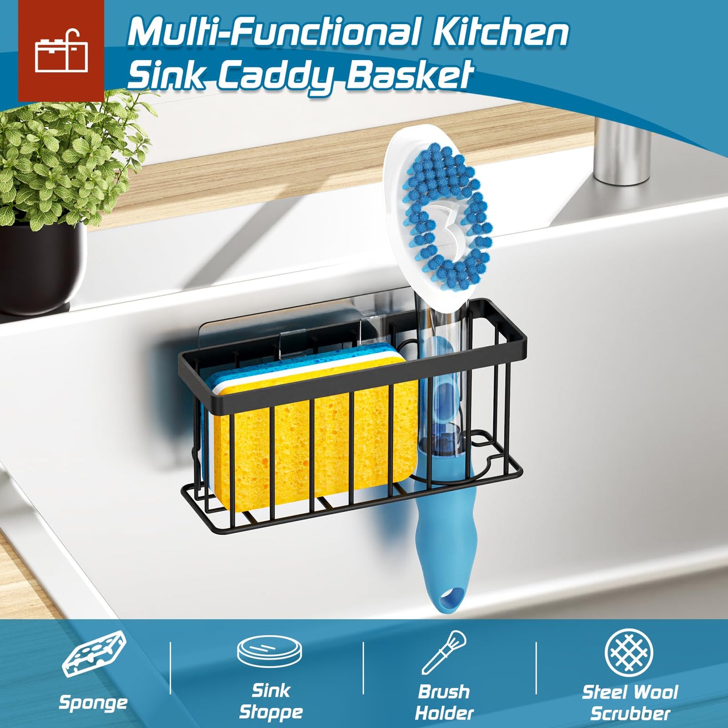 MURLONG Sponge Holder for Kitchen Sink,Sink Caddy Organizer with Suction Cups/Adhesive Strips,Dish Sponge Holder Design for Sponges,Scrubber,Stoppers-Black