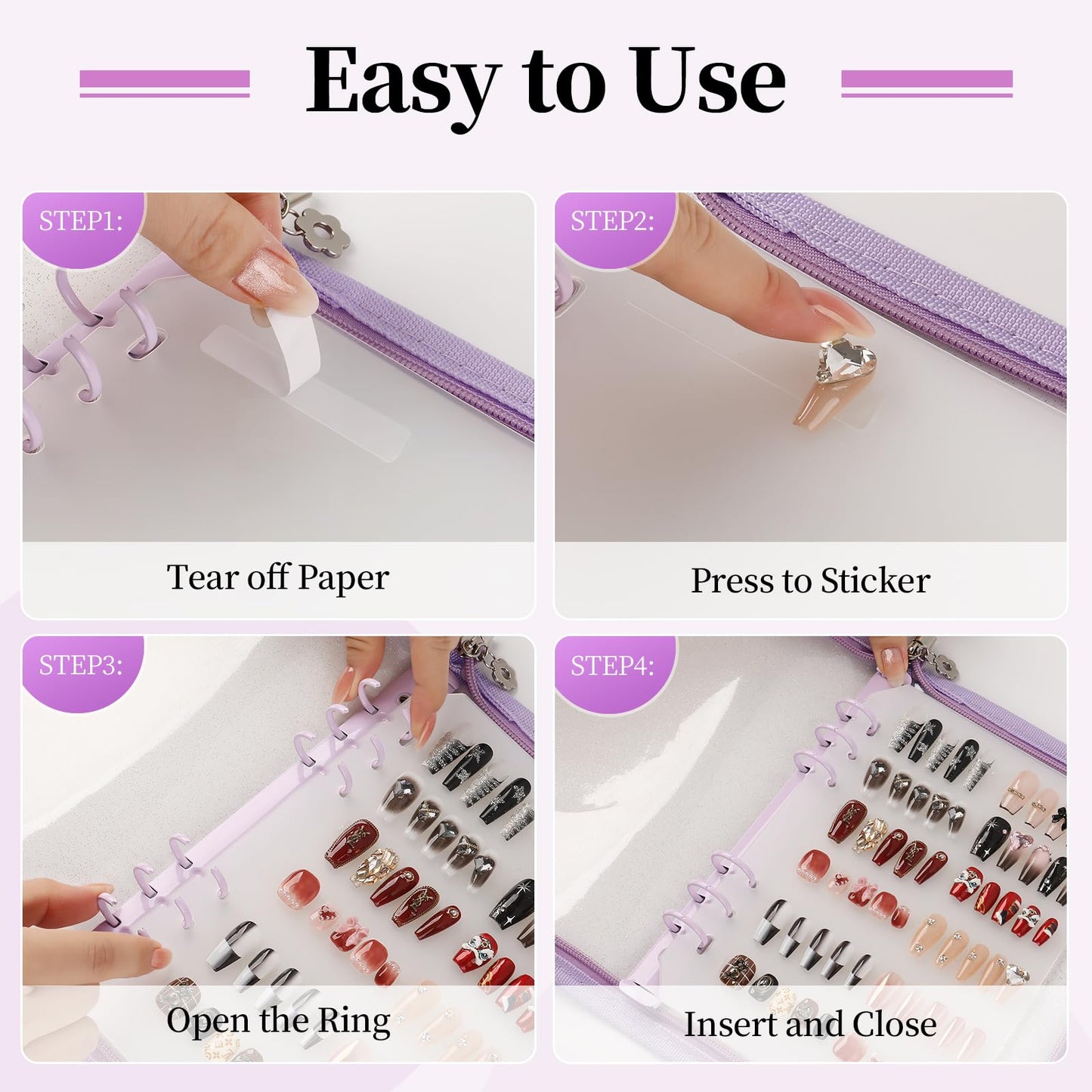 ASTONFOG Press on Nail Organizer Binder Book, 8 A5-Sized Insert Pages & Double Sized Tape, Press on Nails Display Storage Book, Reusable Fake Nail Swatch Collecting Book (Purple)