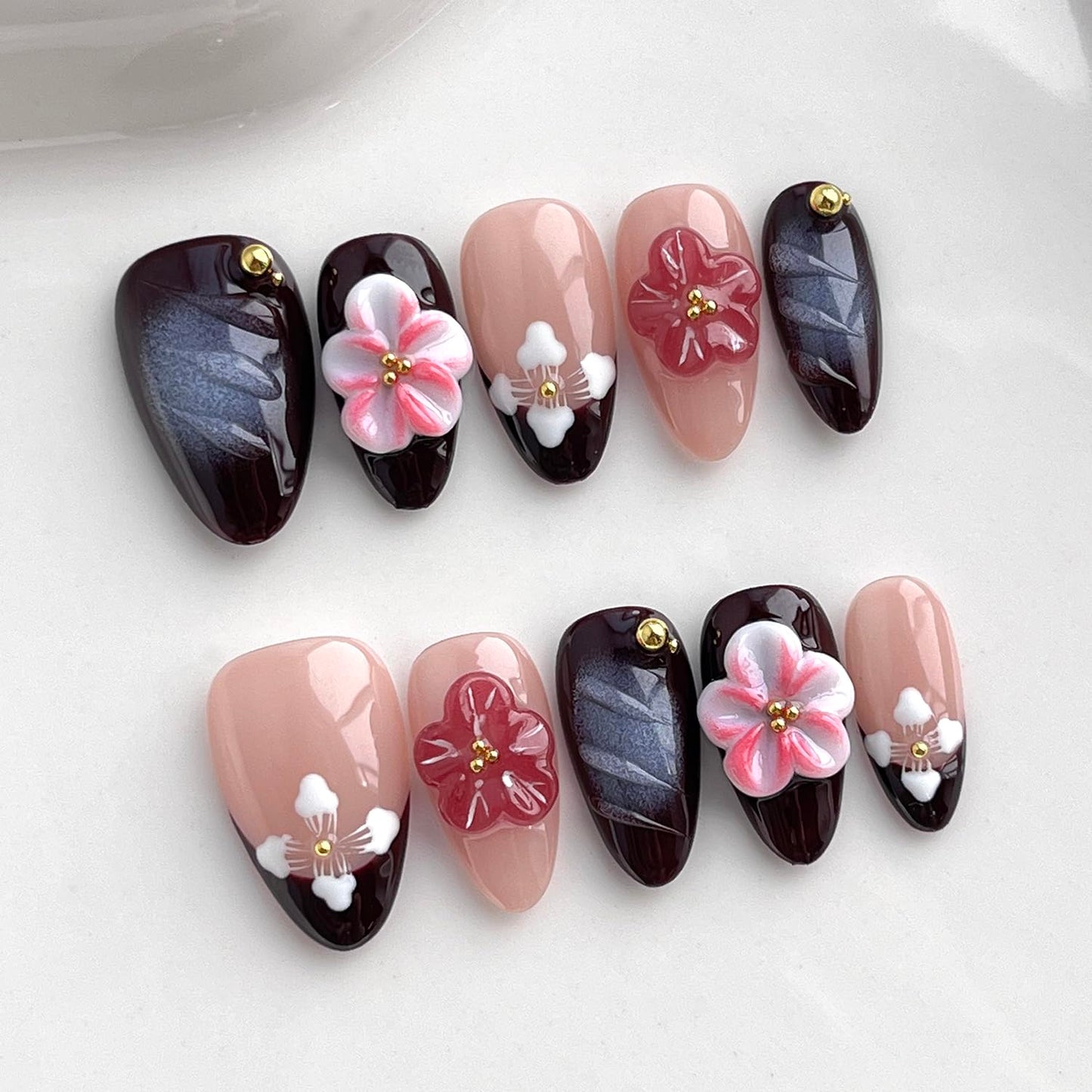 Handmade Press on Nails Almond Short 3D Floral Nails French Tip Thick Acrylic Fake Nails Purple False Nails with Pink Flower Designs Elegant Sturdy Nail Art Press on Nails 10Pcs(S)