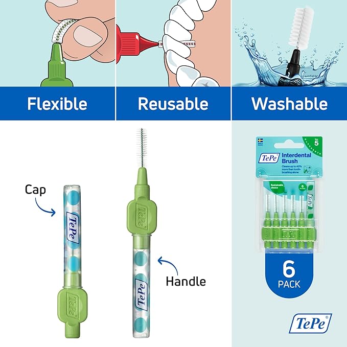 TePe Interdental Brush Original, Soft Dental Brush for Teeth Cleaning, Pack of 6, 0.8mm, Large Gaps, Green, Size 5