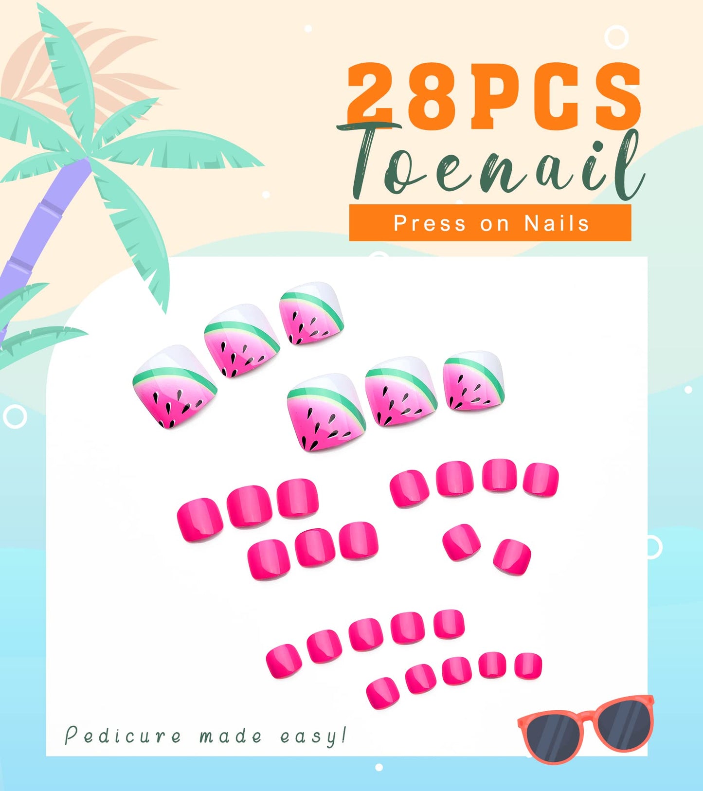 Aegenacess 28pcs Toenail Press on Summer Fake Toe Nails Press ons False Nail Tips Beach Short Pedicure Kit for Women (Summer Watermelon)