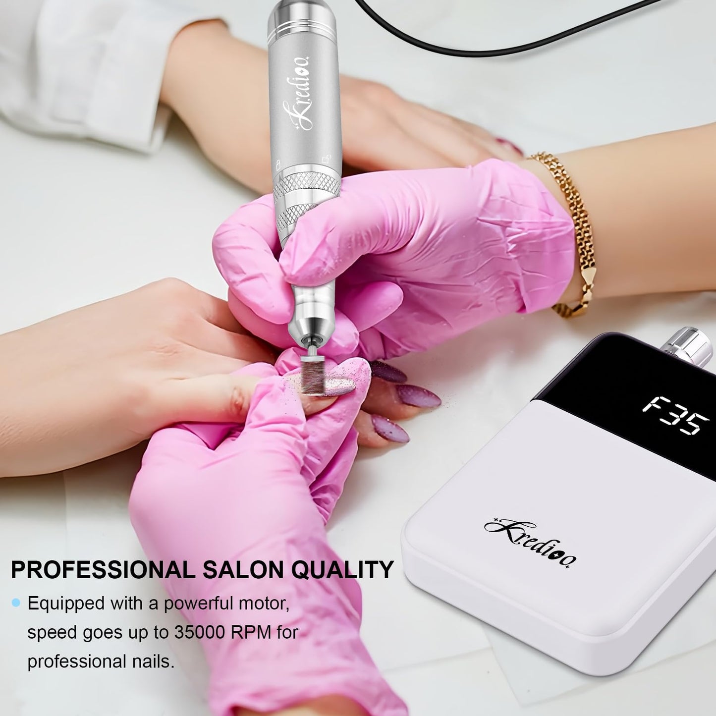 Kredioo Portable Nail Drill 35000 RPM, Rechargeable Electric Nail File E File Kit with Storage Bag Professional Manicure Kit for Nail Lovers Salon Home DIY -White
