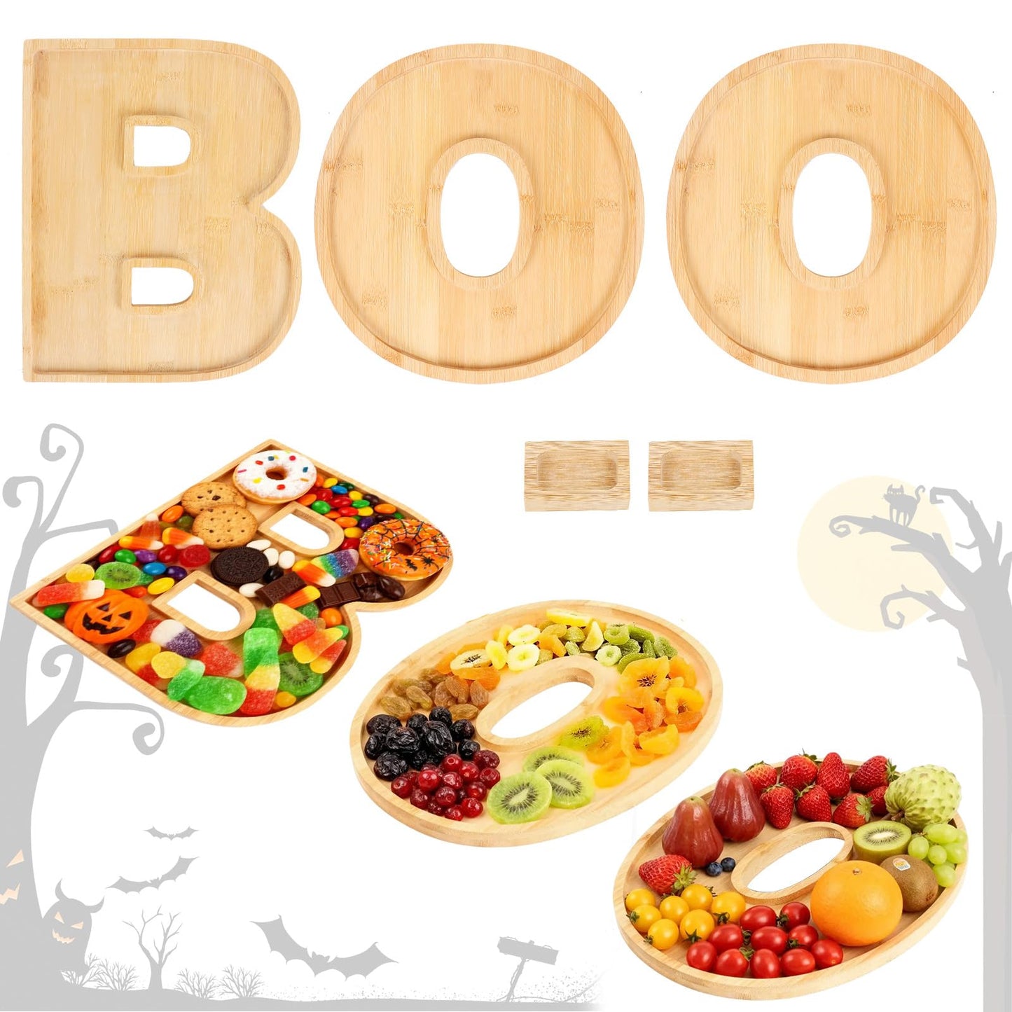 MAGLADY 5Pcs BOO Halloween Charcuterie Board Set, Bamboo Wood Serving Tray Platter with 2 Dipping Saucers Fruit Snack Candy Cupcake Tray Table Decor for Halloween Party