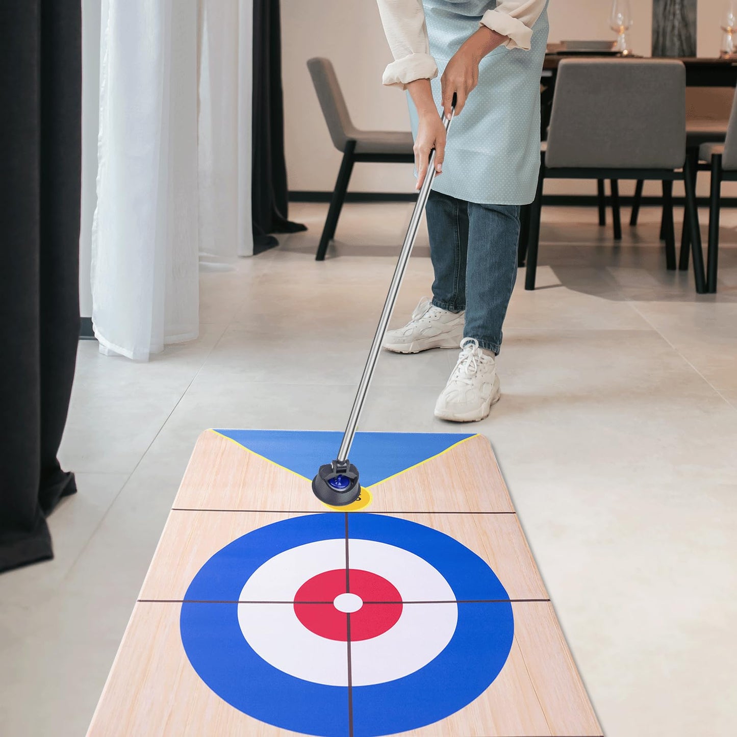 WodGod 11.8’L Shuffleboard, Curling and Bowling 3 in 1 Board Game Set,with 11.8 Foot Game Mat,2 Cues,8 Curling Rocks,6 Bowling Pins,Fun Family Game