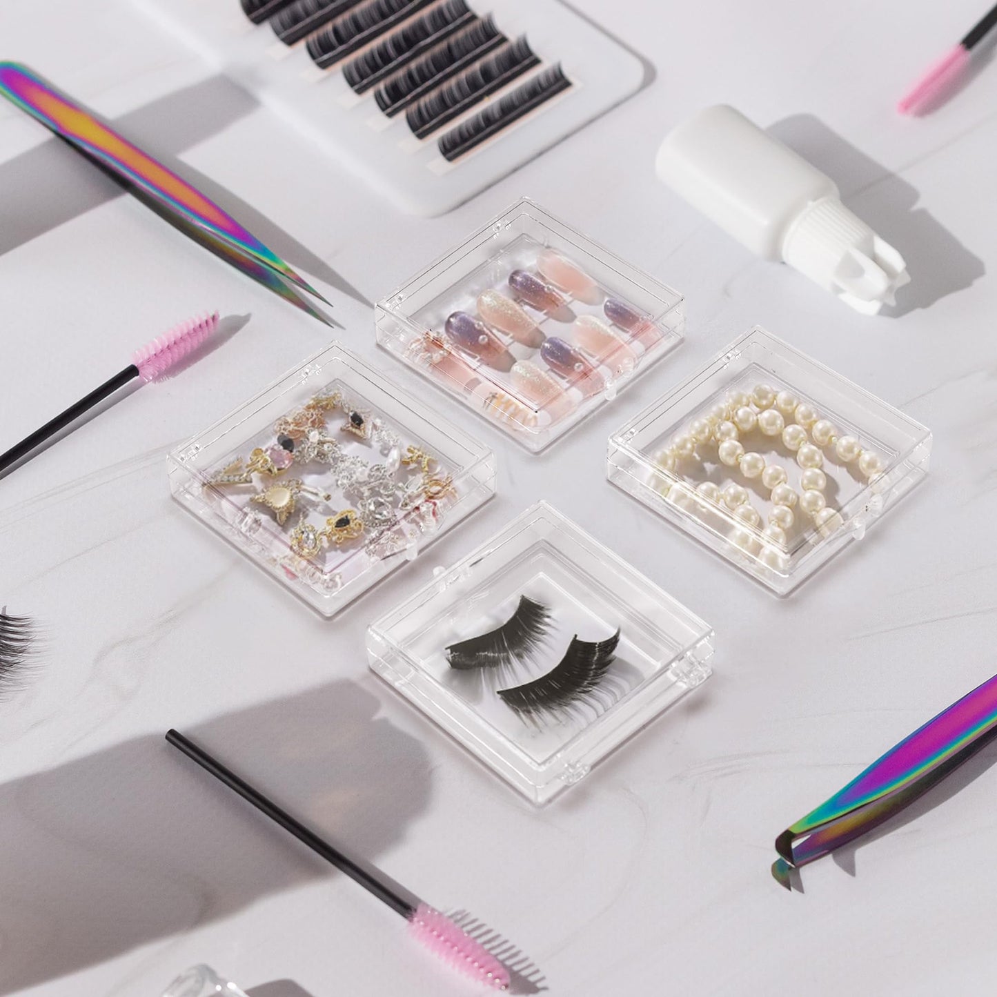 Axigundaone 36 Pcs Press on Nail Storage Box, 2.8 x 2.8 Inch Clear Nail Case with 120 Pcs Adhesive Double Sided Tapes, Press on Nail Packaging Box for False Nail