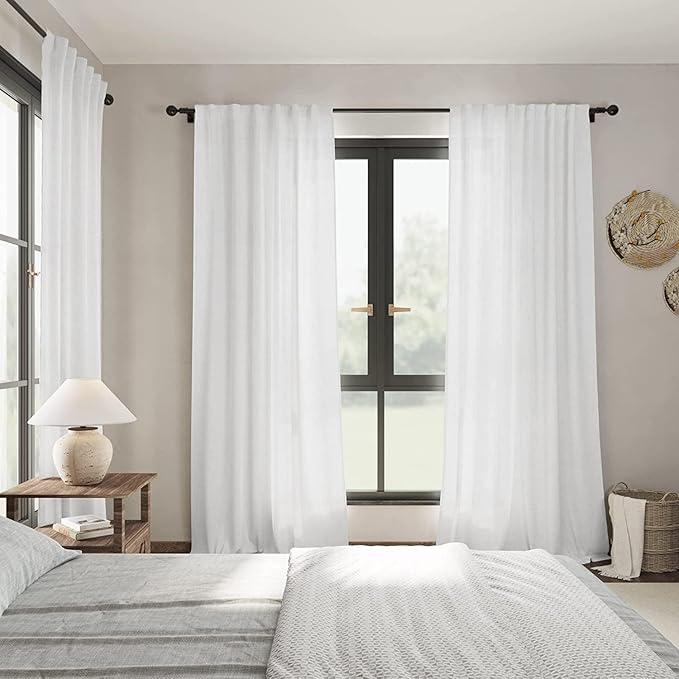 Nanspring White Linen Curtains for Living Room Farmhouse Light Filtering Semi Sheer Linen Drapes 106 Inches Long Extra Long Back Tab Curtains Ceiling to Floor for Large Window 2 Panels Set 52x106