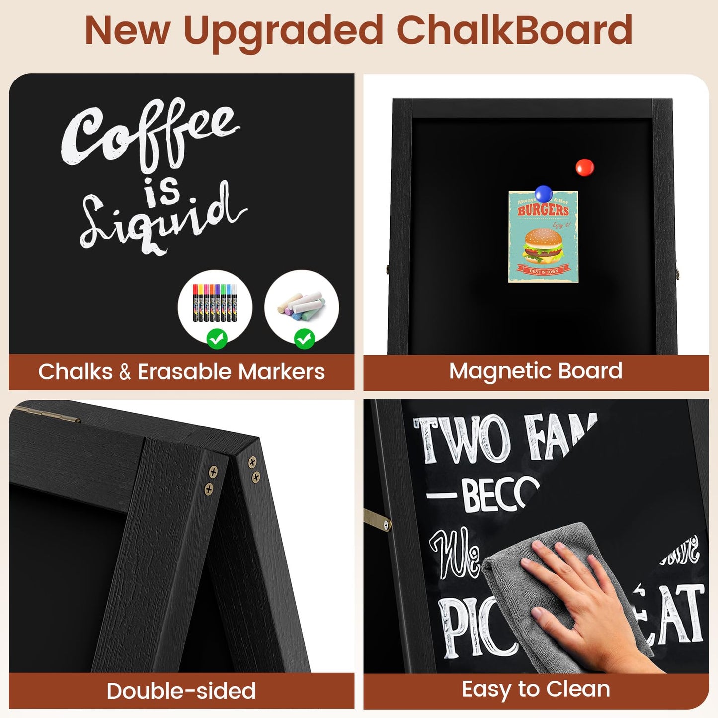 Chezerra A Frame Chalkboard Sign, 40"x20" Extra Large Sidewalk Chalk Board, Wooden Standing ChalkBoards Set with Markers, Double-Sided Magnetic Blackboard for Cafés, Weddings, Party Guide, Black