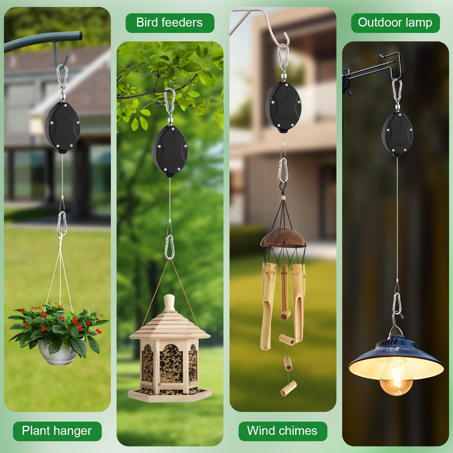 3 Pack Heavy Duty Retractable Plant Hangers Adjustable Pulleys with 63" Pull-Down Design Stainless Steel Rope Double-Headed Hooks for Hanging Baskets Bird Feeders Planters and Pots Supports up to 45lb