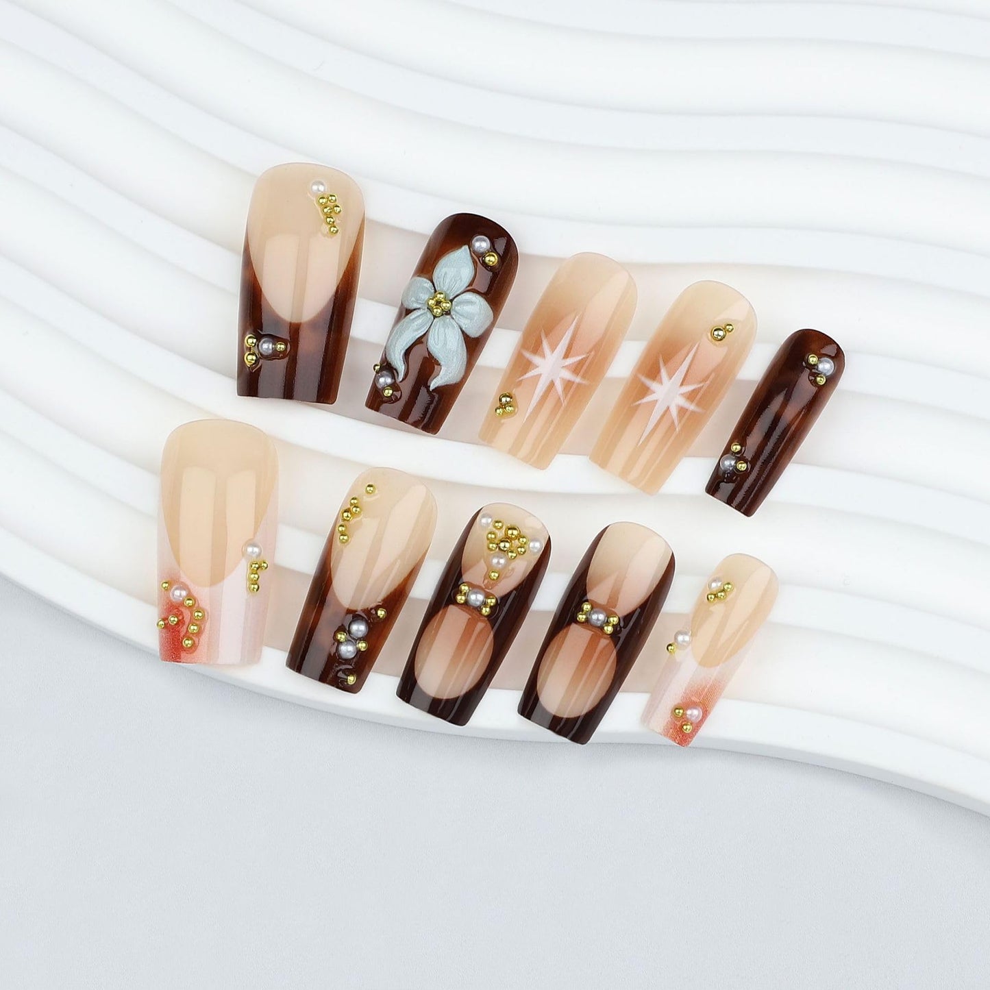 plalely Press on Nails French Tip, Handmade Acrylic Press on French Tip Nails with Flower Designs，Long Square Nail Press Ons for Women 24pcs