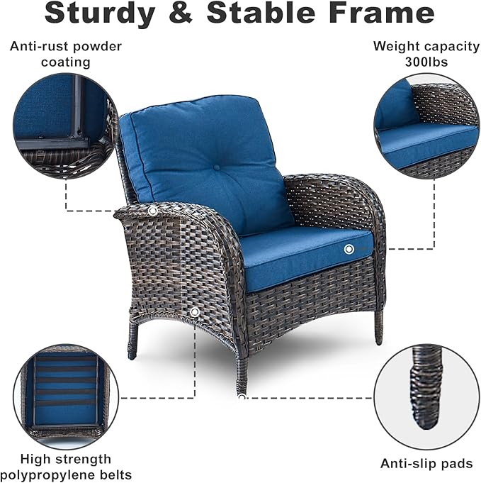 HUMMUH Outdoor Wicker Chairs Patio Dining Chairs Set of 2 with High Back and Deep Seat for Garden,Porch,Backyard,Balcony (Brown/Blue)
