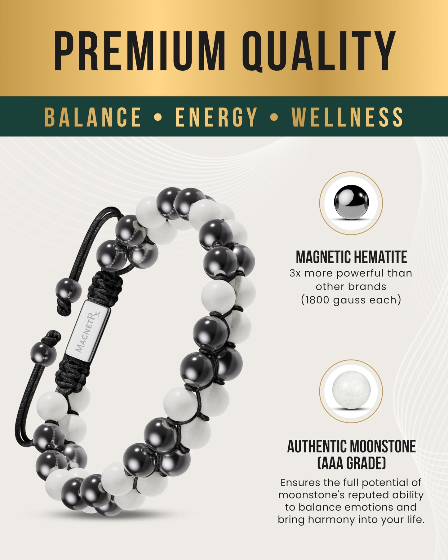 MagnetRX® Hematite & Moonstone Bracelet - MAX Strength Magnetic Hematite Bracelets - Natural Moonstone Crystals White Beaded Bracelets for Women
