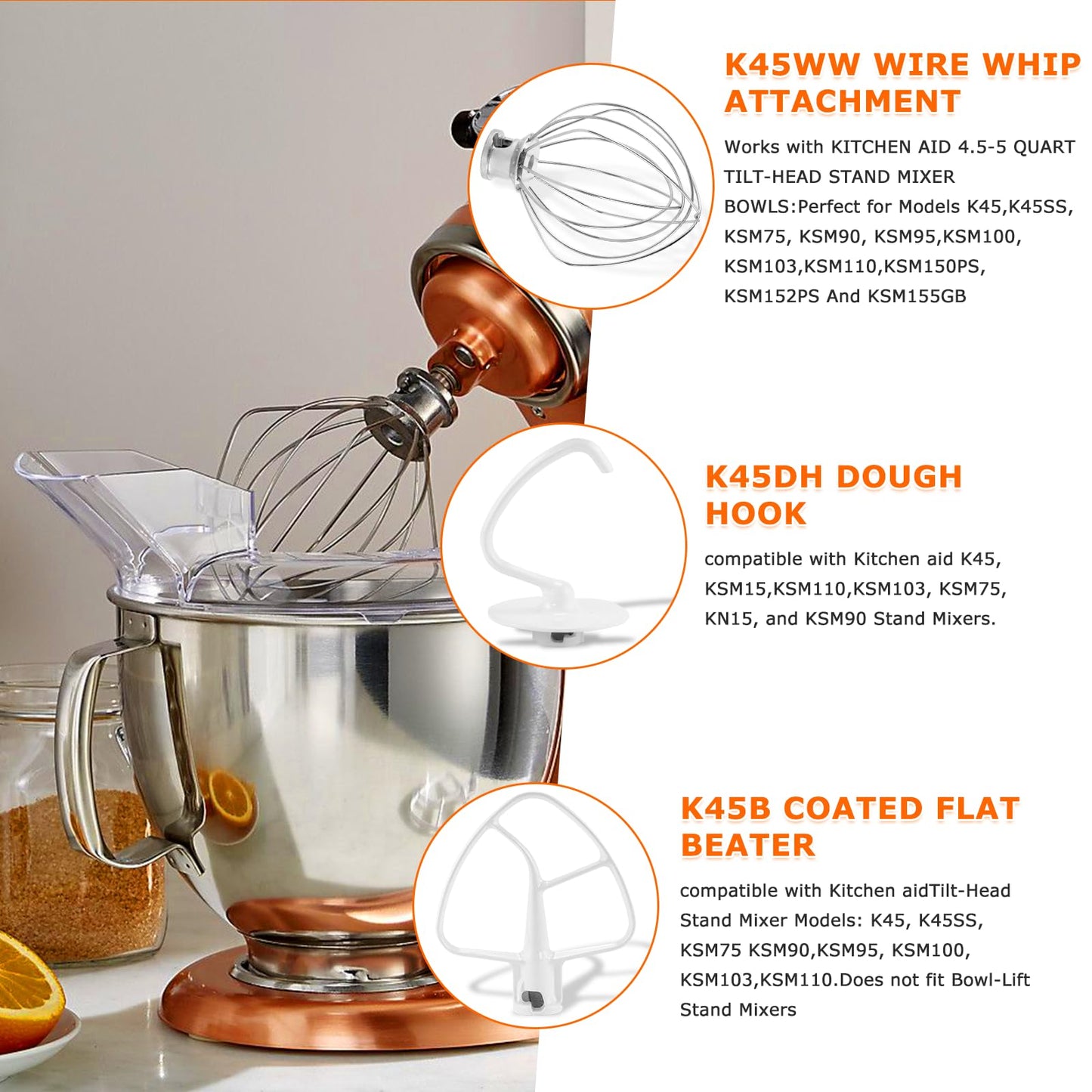 3 Pack Mixer Attachments for Kitchen Aid 4.5-5 Quart Tilt-Head Stand Mixers, Heavy-Duty Metal,Includes K45DH Dough Hook, K45B Flat Beater,K45WW Wire Whip, Dishwasher Safe Replacement Kit by TOMOON