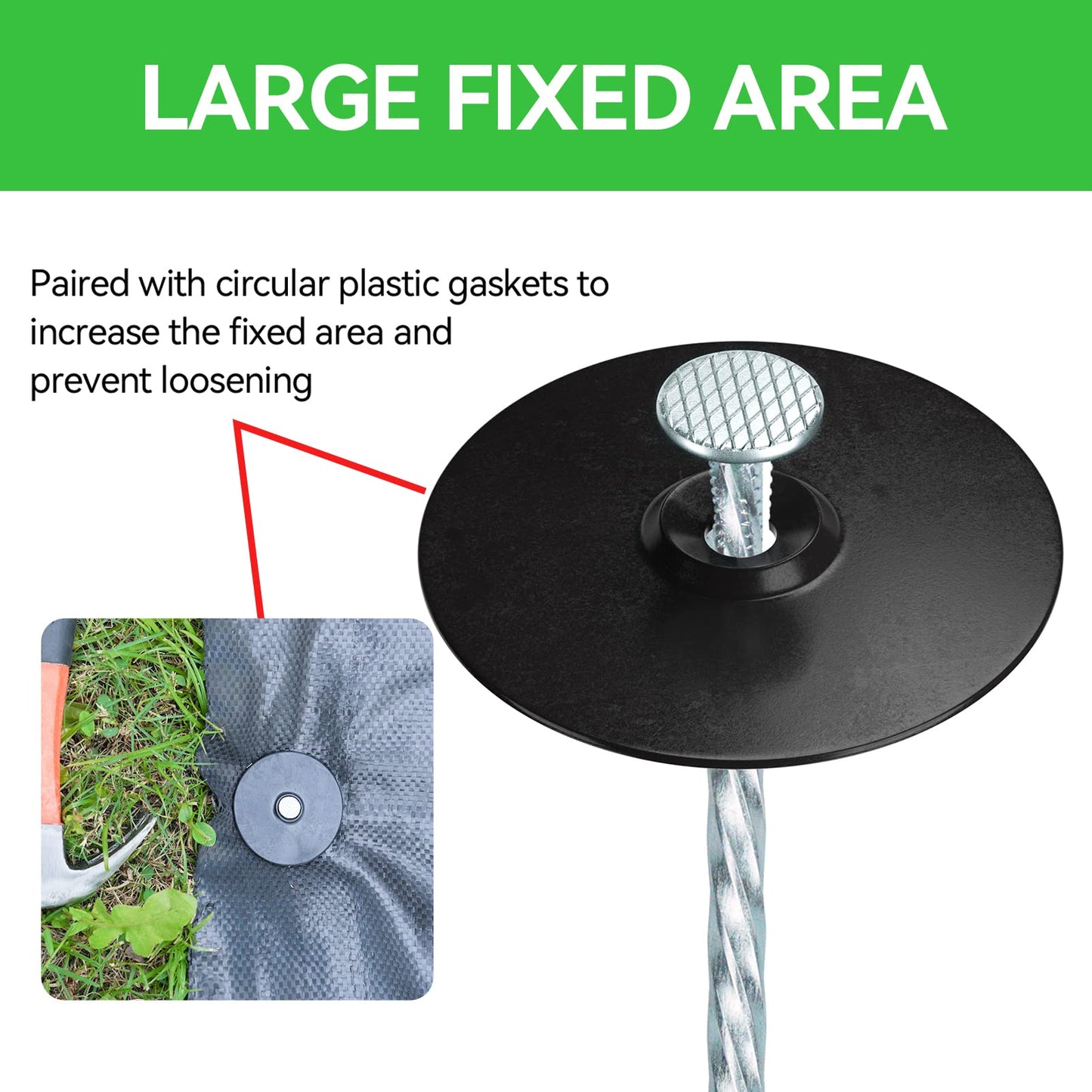 EISENSP 8 Inch Heavy Duty Landscape Stakes with Gasket Caps - 200 Sets Galvanized Spiral Garden Spikes Kit for Securing Weed Barrier Fabric, Artificial Turf, Tent and More
