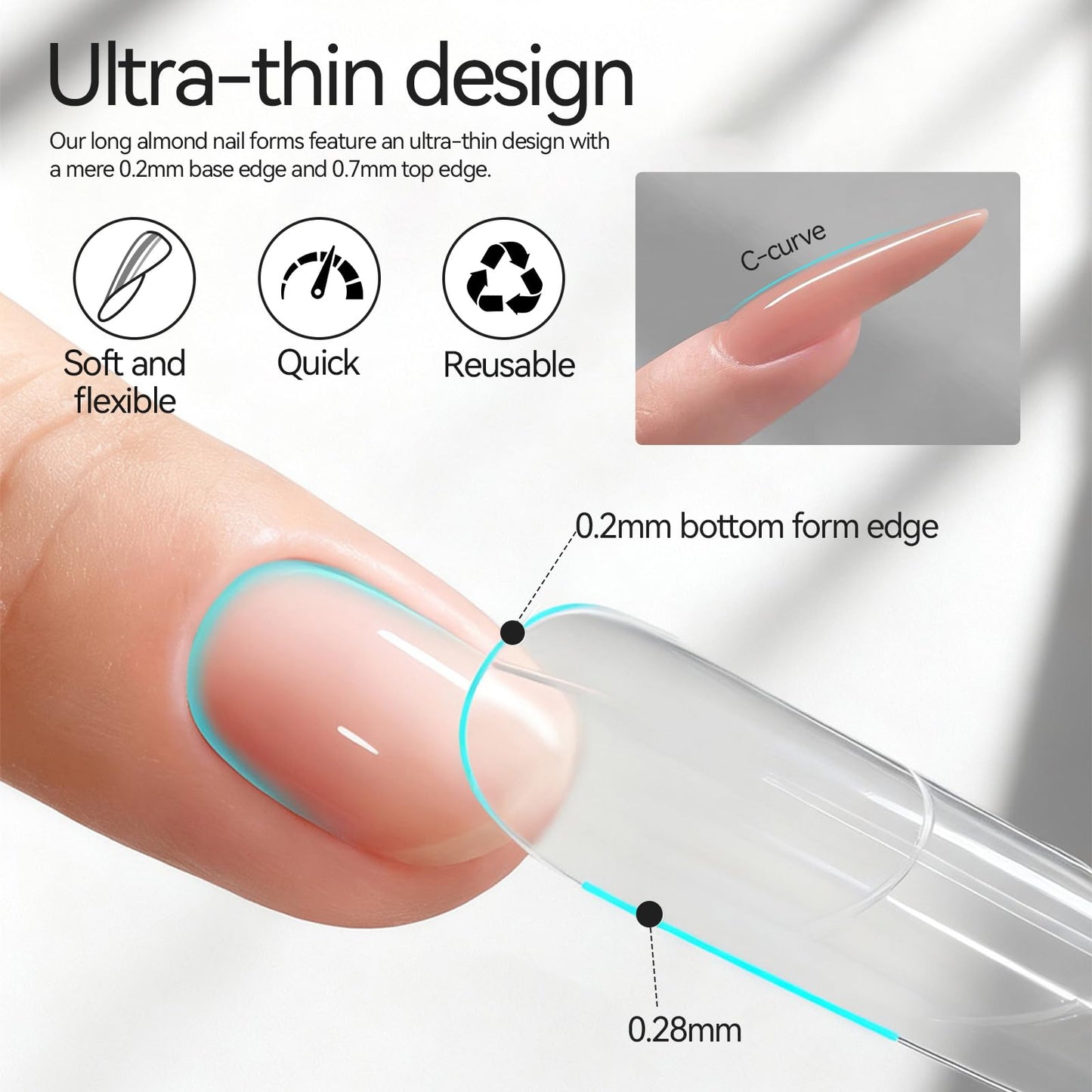 ESUOHYM 240 pcs Sandwich Dual Nail Forms Reusable Quick Nails Extension Mold for Builder Structure Poly Gel,15 Sizes Long Oval Bulider Forms with Almond Shape Guide Lines Nail Art Tools Salon Home