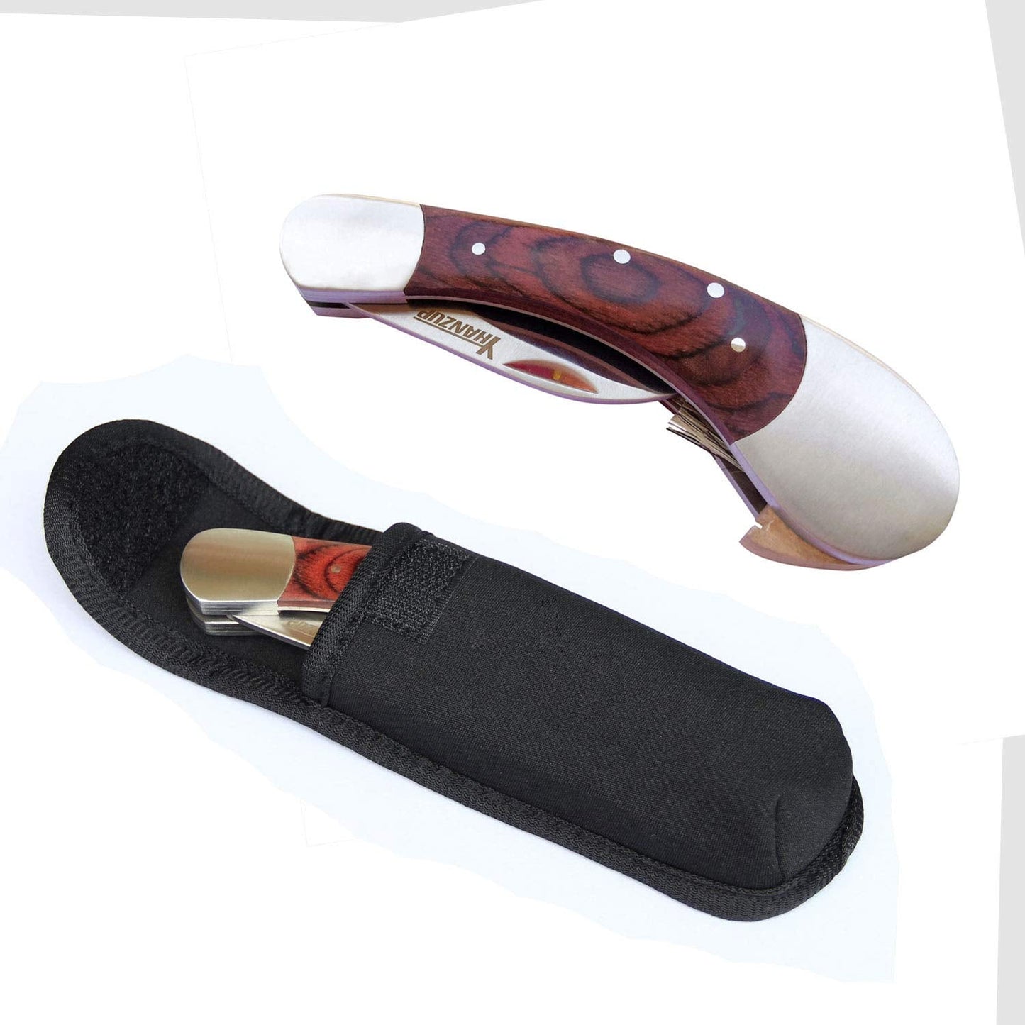 HANZIUP Folding Mushroom Knife with Neoprene Pouch Solid Wood Handle and Foldable Cleaning Brush