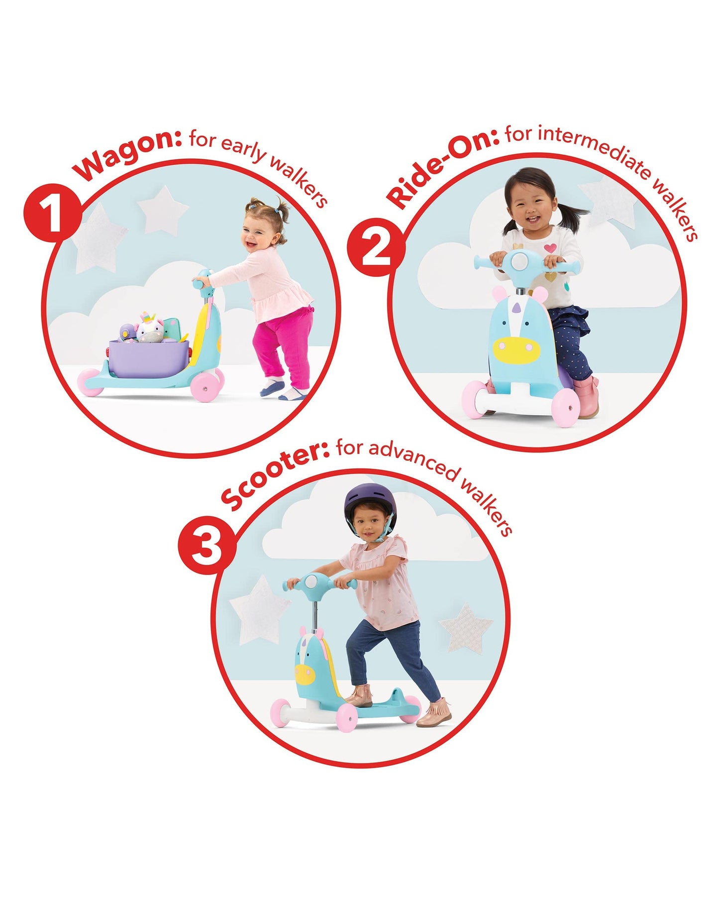 Skip Hop Kids 3-in-1 Baby Activity Push Walker & Ride On Scooter Toy, Unicorn