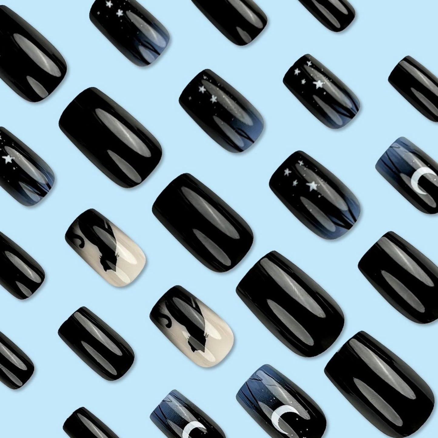 Halloween Press On Nails - Short Square Fake Nails with Black Cat Designs, Glossy Gradient Finish, Full Coverage, Star Moon Pattern, 24 Pcs