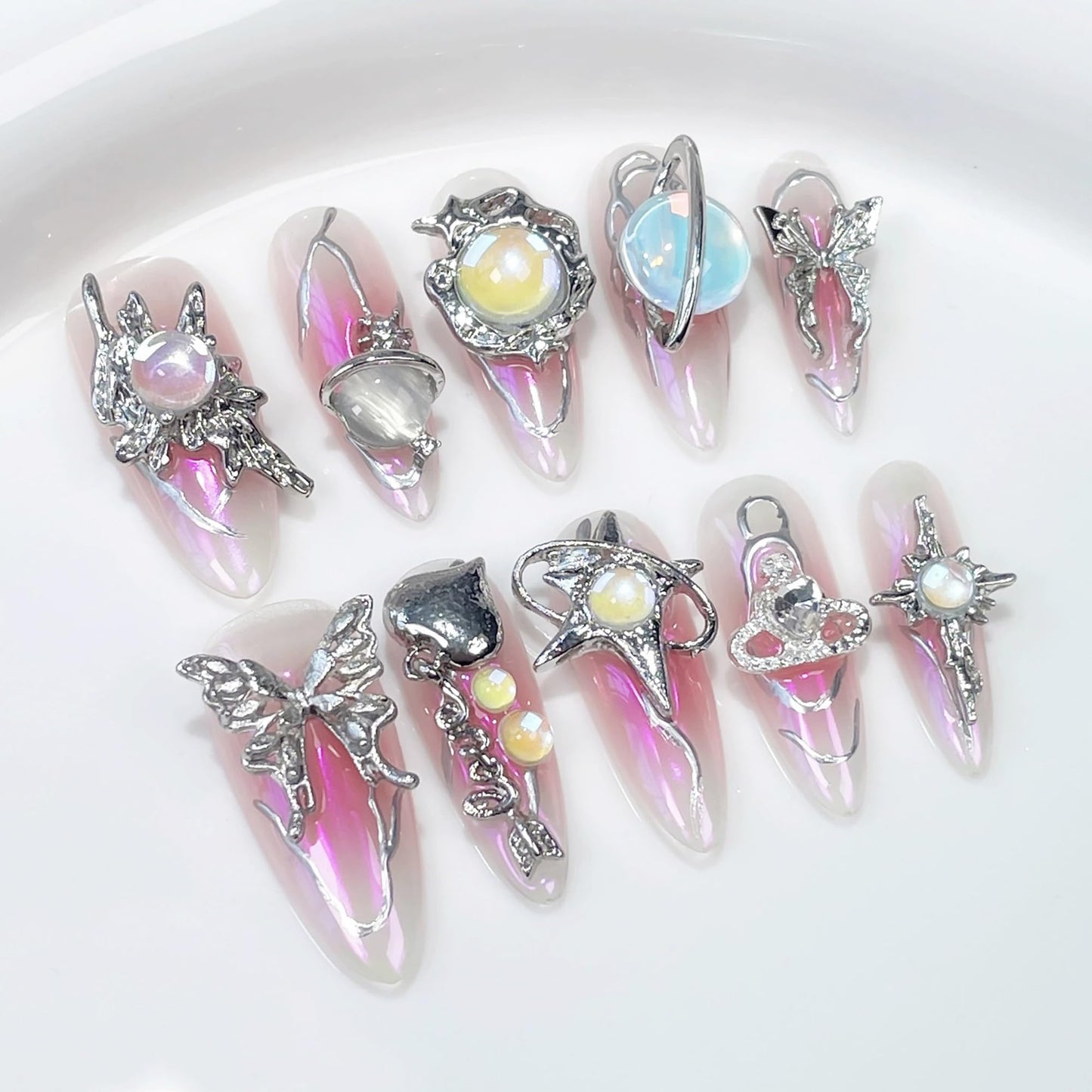 Handmade Press on Nails Long Luxury Reusable Almond Fake Nails with Metallic Butterfly Design 3D Luxury Pink Ombre Acrylic Nails Press Ons Y2k False Nails for Women DIY 10Pcs(Size M)