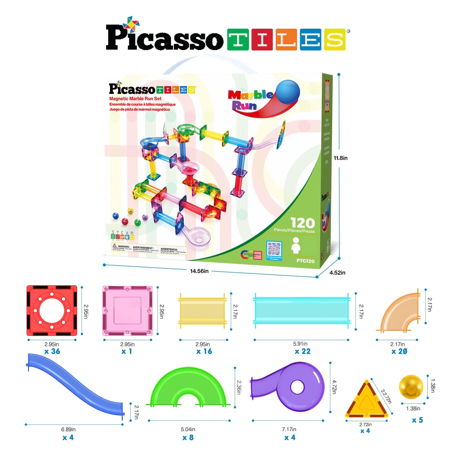 PicassoTiles 120pc Magnetic Tile Marble Run Set STEM Construction Toy with Track Building Blocks Educational Learning Compatible for Brain Development Creativity Coordination Kids Age 3 Plus PTG120