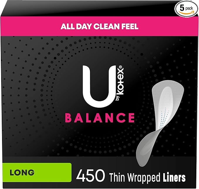 U by Kotex Balance Daily Wrapped Panty Liners, Light Absorbency, Long, 450 Count (5 Packs of 90) (Packaging May Vary)