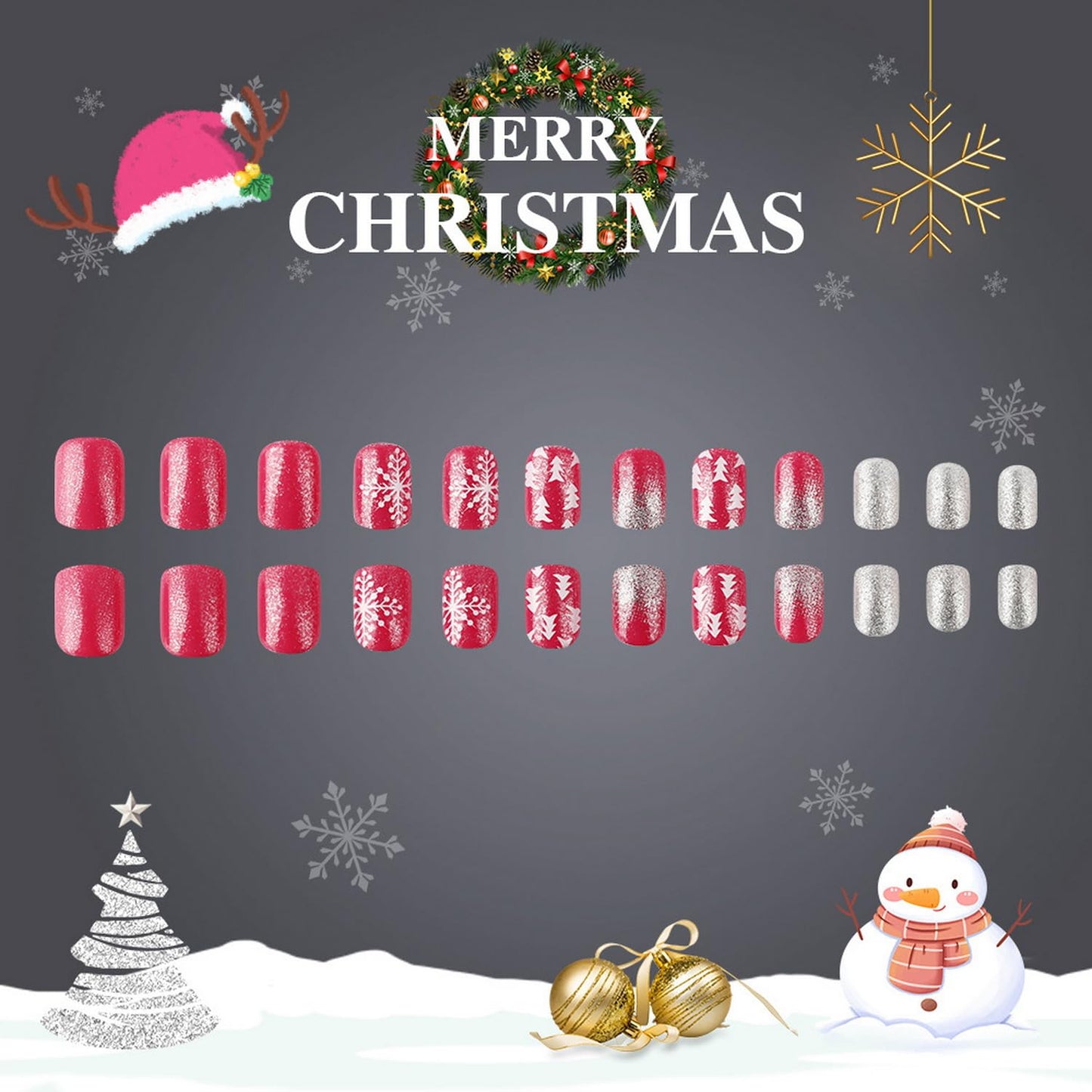 Christmas Press on Nails Short Square Fake Nails Red Silvery with Snowflake designs Christmas False Nails Glossy Full Cover Winter Xmas Stick on Nails Glitter Glue on Nails for Women Girls 24pcs
