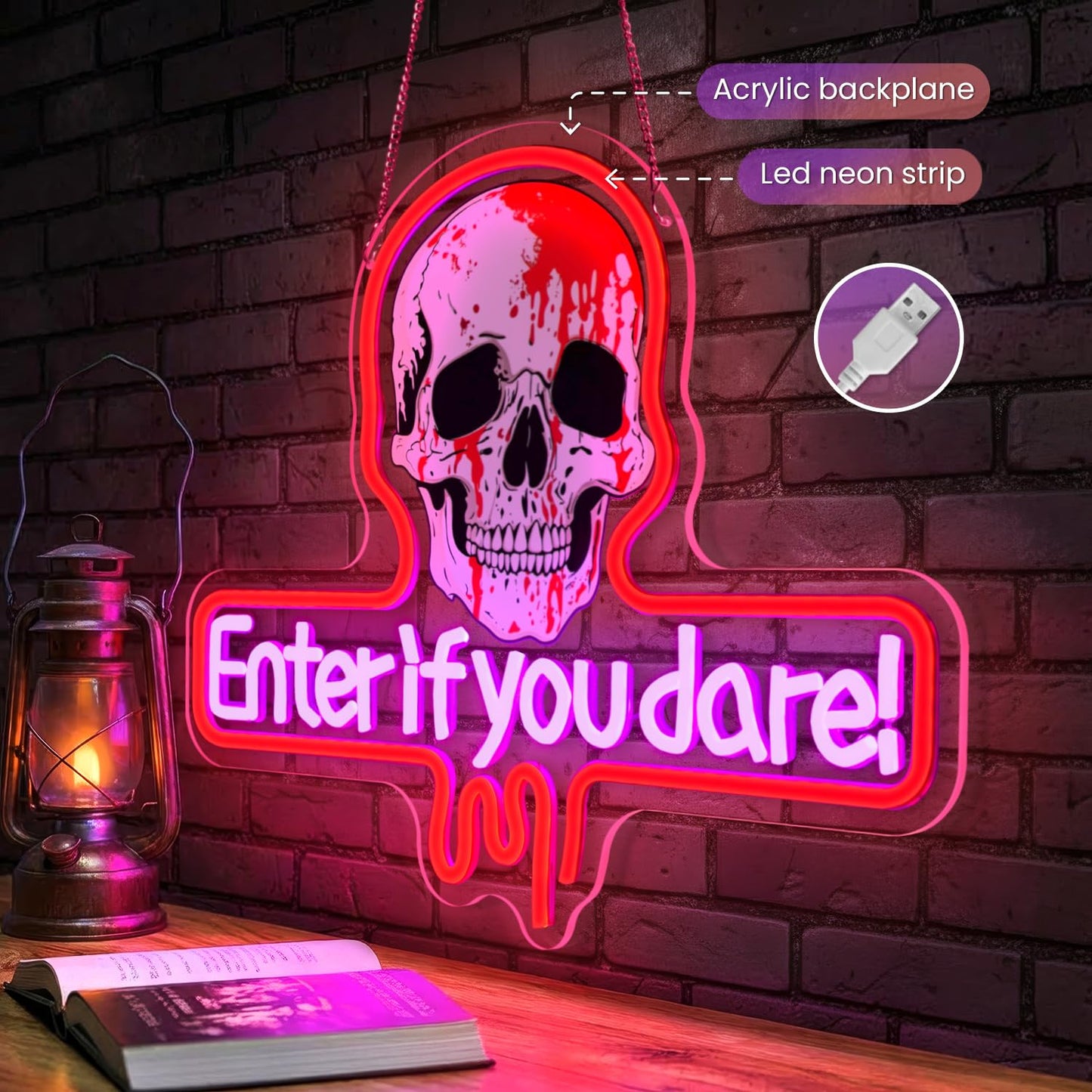 Sneignon Enter If You Dare Neon Sign for Halloween Haunted House Décor,Skull LED Neon Light Wall Sign with Adjustable Brightness,USB Powered Spooky Neon Wall Art for Party Room Bar Bedroom Decoration