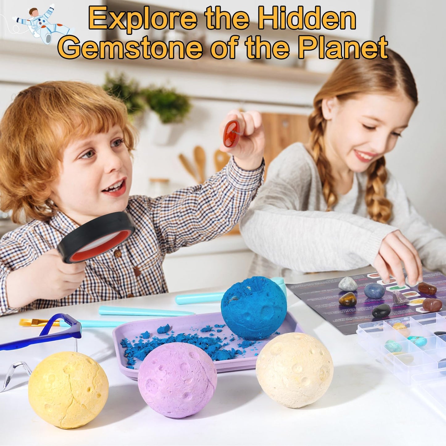 QLKUNLA Gemstones Dig Kit, Excavate 24 Real Gems in Solar System STEM Educational Space Toys for Boys & Girls Archaeology Geology Science Project Gift