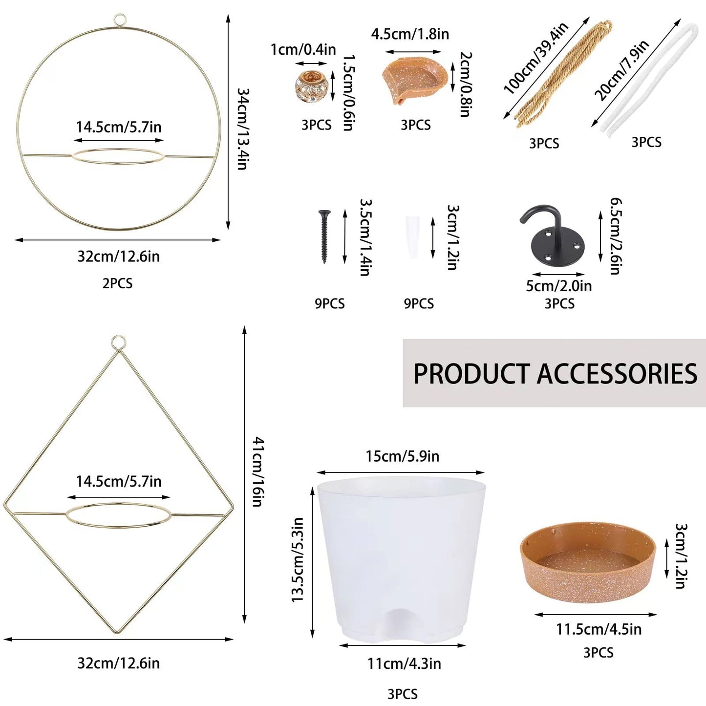 Superb Symbols 3 Pack Boho Hanging Planter with Metal Plant Hanger & Self Watering Plant Pots for Indoor Outdoor Wall Window