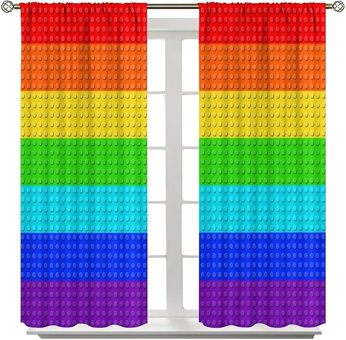 Colorful Building Block Toy Curtain Rod Pocket Children's Nursery Rainbow Contour Plastic Toy Brick Geometric Print Pattern Curtain Boys Girls Bedroom Playroom 2 Panels 63x63in