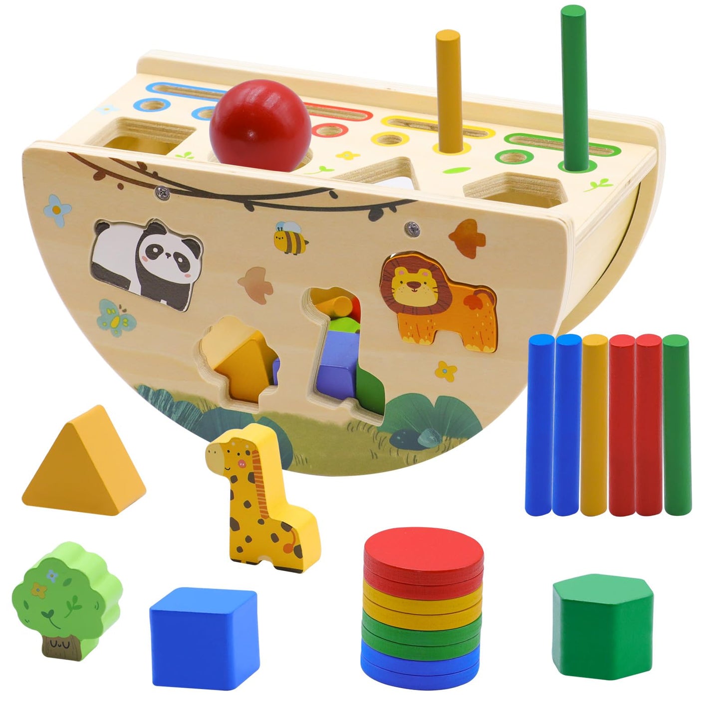 Humerry Montessori Busy Box for Toddlers 1-3, Wooden Object Permanence Coin Box with Shape Sorter & Animal Matching, Sensory Fine Motor Learning Toy with Wobble Base, Gift for 1 2 3 Year Old