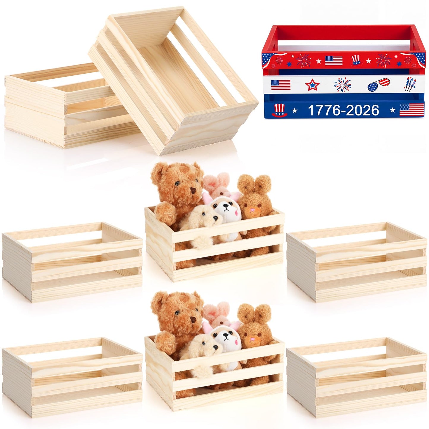 Cinnvoice 6 Pcs 9.5'' 250th Anniversary Small Wooden Crate for Storage 4th of July Unfinished Wood Crate Bulk Rustic Decorative Display Box Natural Bin Closet Organized for Kitchen Office Home