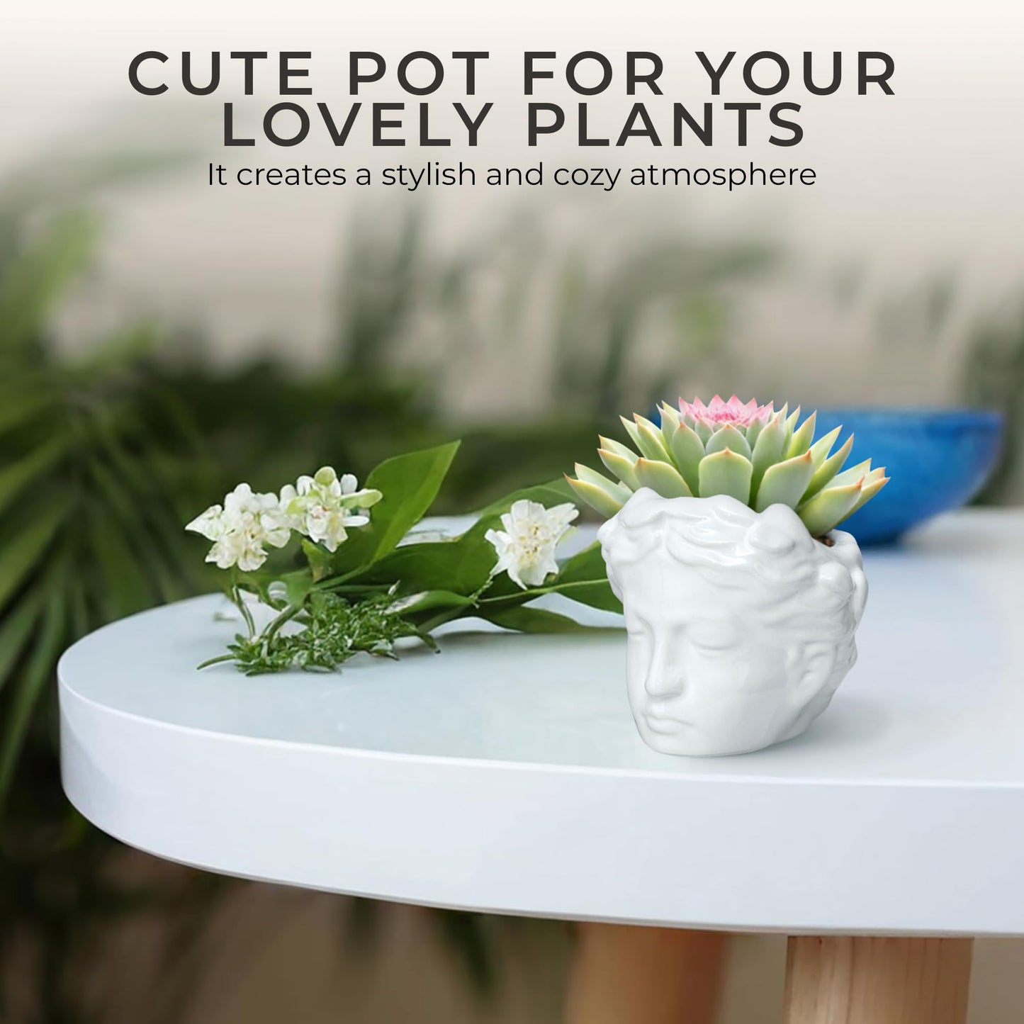 DOMIVKA Small Head Planter - Ceramic Face Planter Pots for Indoor Plants, Cute Funny Succulent Pot with Drainage Hole, Unique Gift, 3.9"