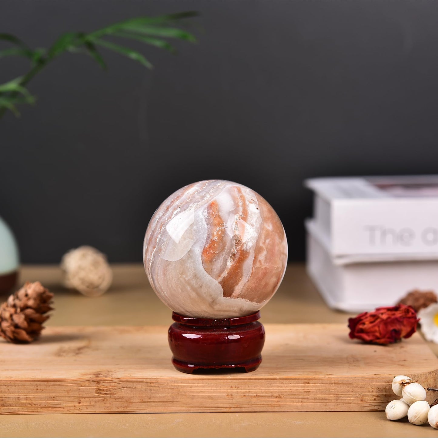 JIC Gem Natural Pink Agate Crystal Sphere Pink Crystal Decorative Ball with Wooden Stand Meditation Balls for Witchcraft Reiki Healing Gift 50-60mm