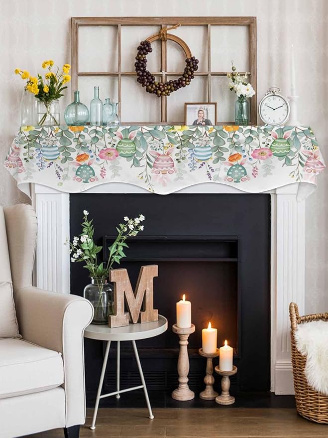 Easter Eggs Fireplace Mantel Scarf Table Runner, Bunny Eucalyptus Leaves Spring Flower Plant Winter Garland Mantel Top Tablerunners Dresser Scarves Cover for Windows Party Living Room 60''x17''