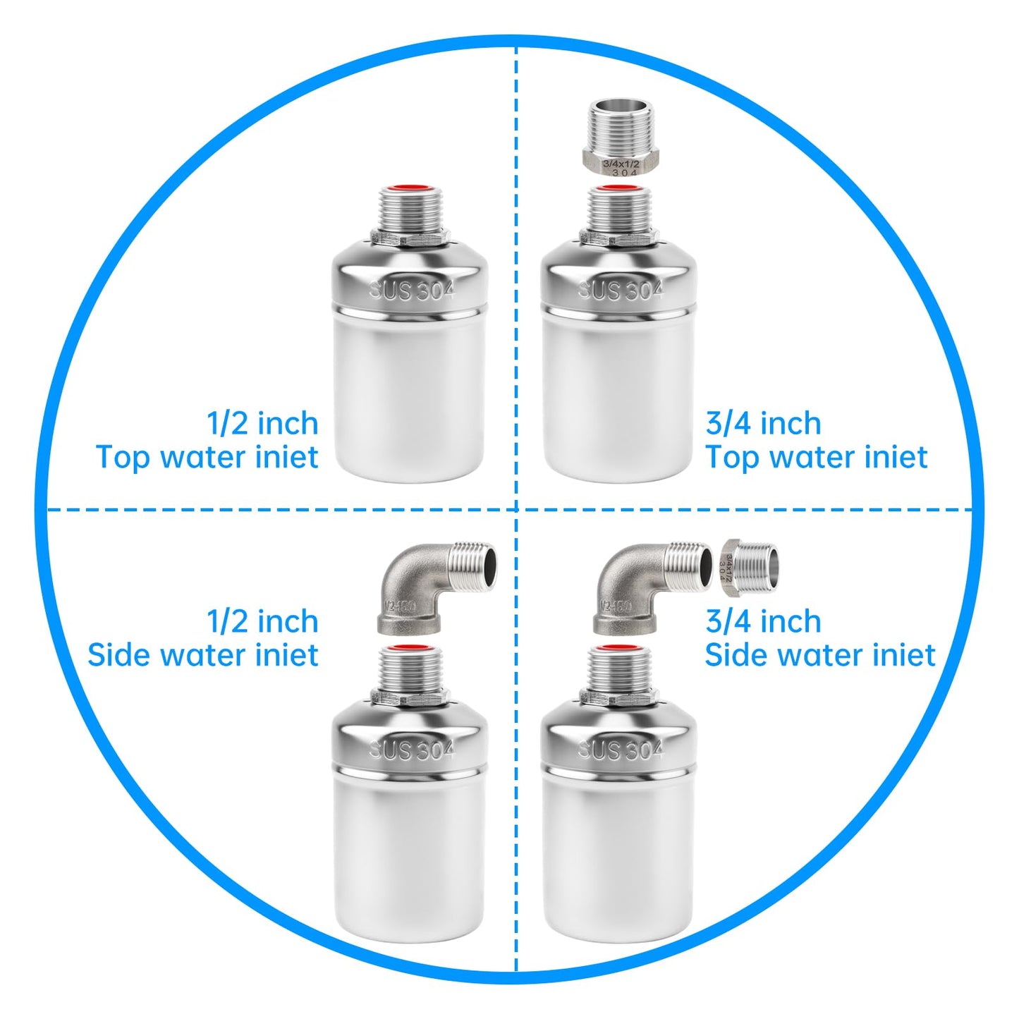 2 Pack Water Float Valve,1/2" to 3/4'' 1'' 304 Stainless Steel Fully Automatic Water Level Controller Float Valve