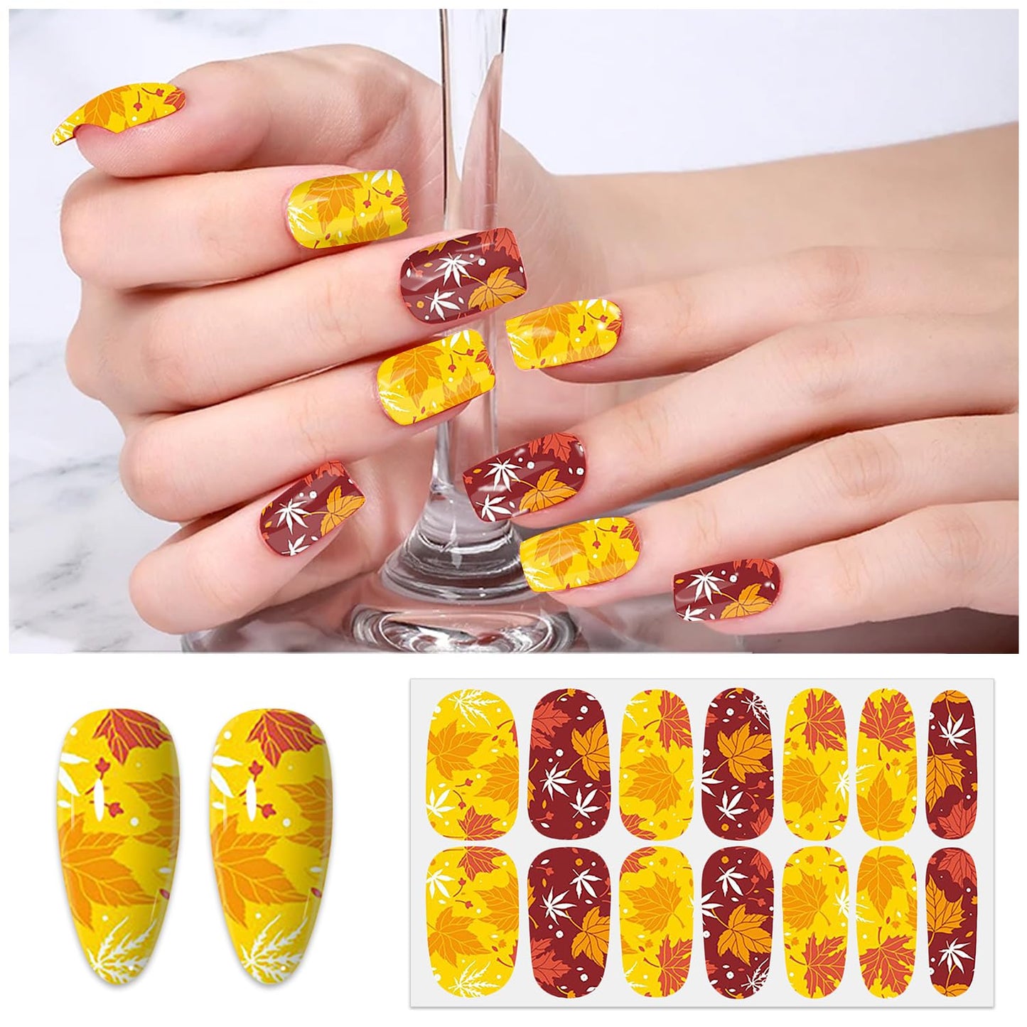 SILPECWEE 20 Sheets Fall Nail Wraps for Women Nail Polish Stickers Maple Leaves Solid Color Stick on Nail Polish Strips Self Adhesive Gel Nail Strips Fingernail Sticker with Nail File