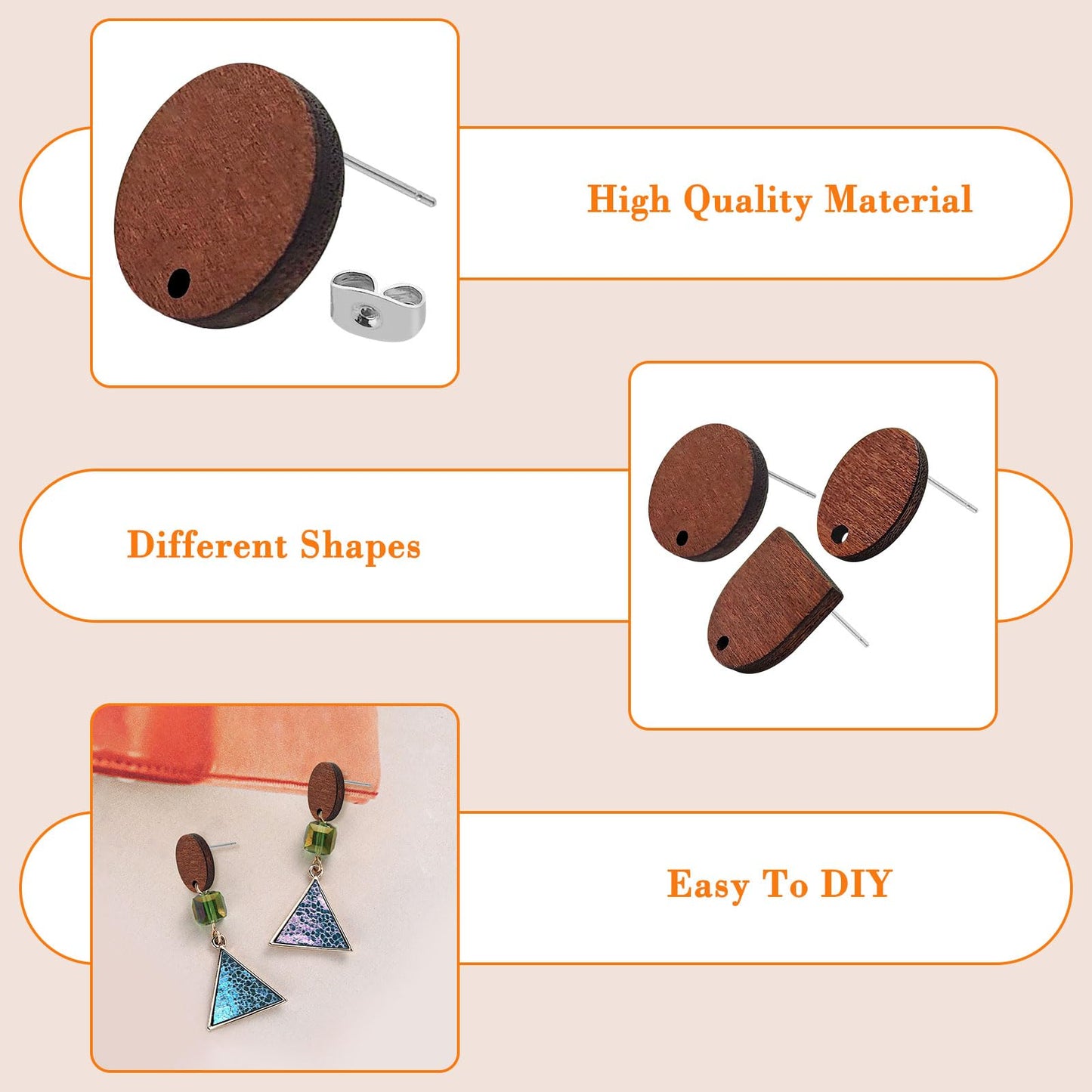 60pcs Wooden Earring Studs for Jewelry Making,Wooden Stud Earrings Wood Earring Posts with 100pcs Earrings Backs for DIY Making Supplies(3 Shapes)