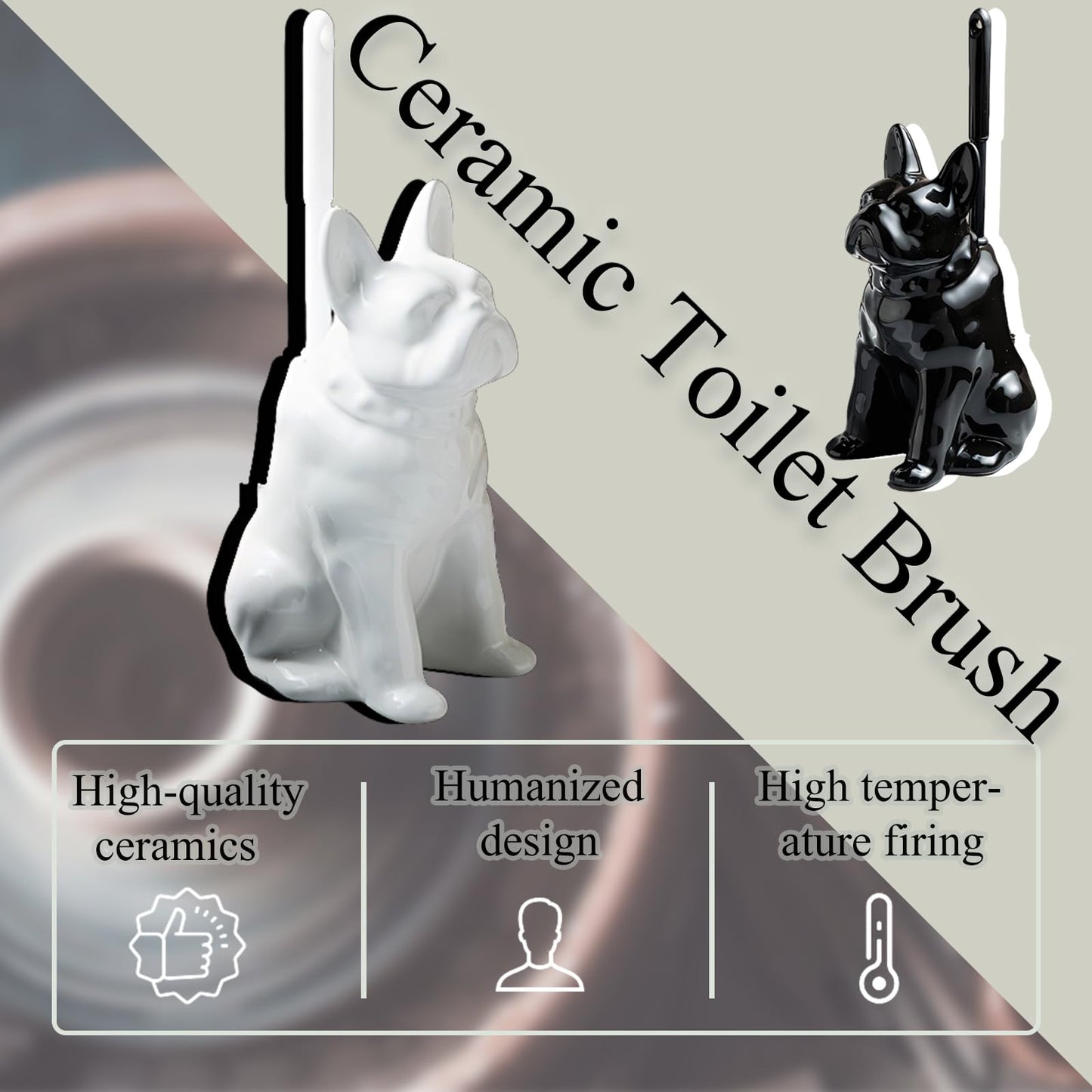 Ceramic French Bulldog Toilet Brush Holder – Cute Bathroom Decor with Hideaway Storage, Space-Saving Design, Premium Ceramic Dog Lover Gift, Includes 2 Durable Scrub Brushes (White)