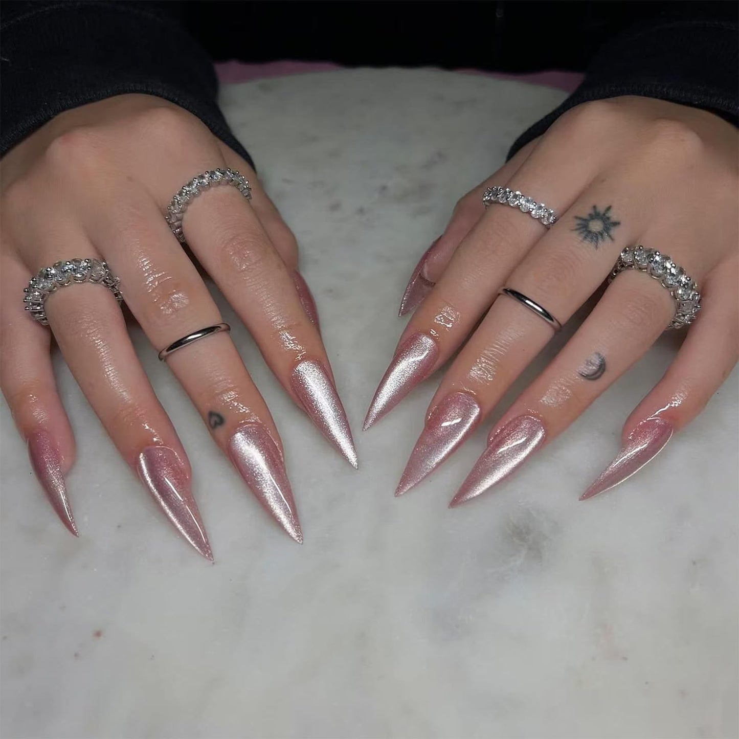 SINHOT Stiletto Press on Nails - Long, Glossy Glue on Nails with Cat Eye Design, Almond Shape, Nude Pink Color - 24 pcs