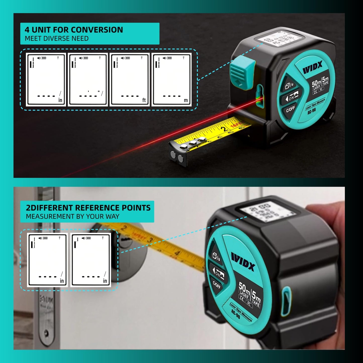WIDX 2 in1 Laser Tape Measure,164ft Laser Distance Measurement & 16ft Auto-Lock Tape Measure with Magnetic Hook, LCD Display, in/Ft/M Unit, Linear/Area/Volume/Pythagorean for Different Scenarios