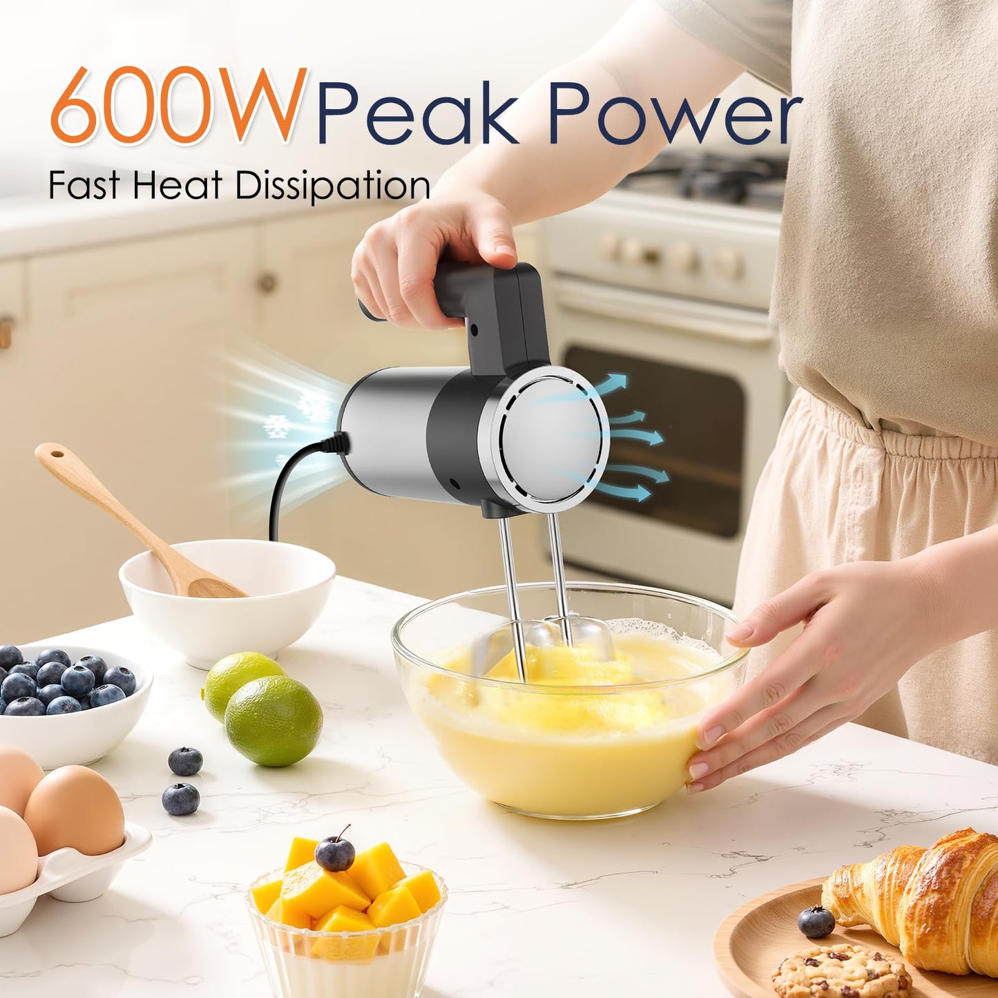 Powerful 600W Hand Mixer, 5-Speed Electric Hand Held Mixer for Baking, Lightweight Stainless Steel Hand Beaters *2 & Dough Hooks*2 with Eject Button, Kitchen Mixer for Cream, Cookies, Dough-Black